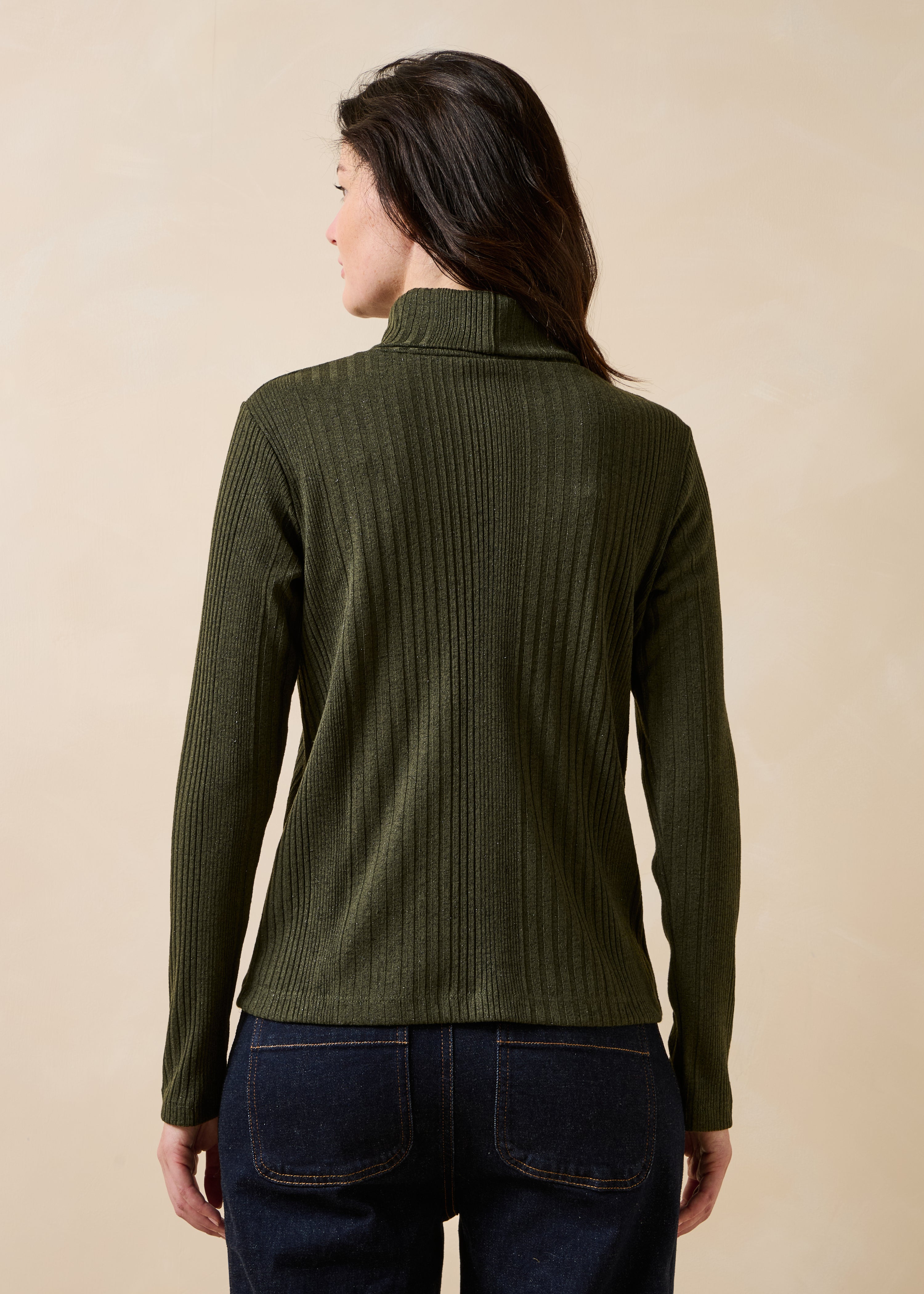 Kaki ribbed knit long-sleeve turtleneck t-shirt