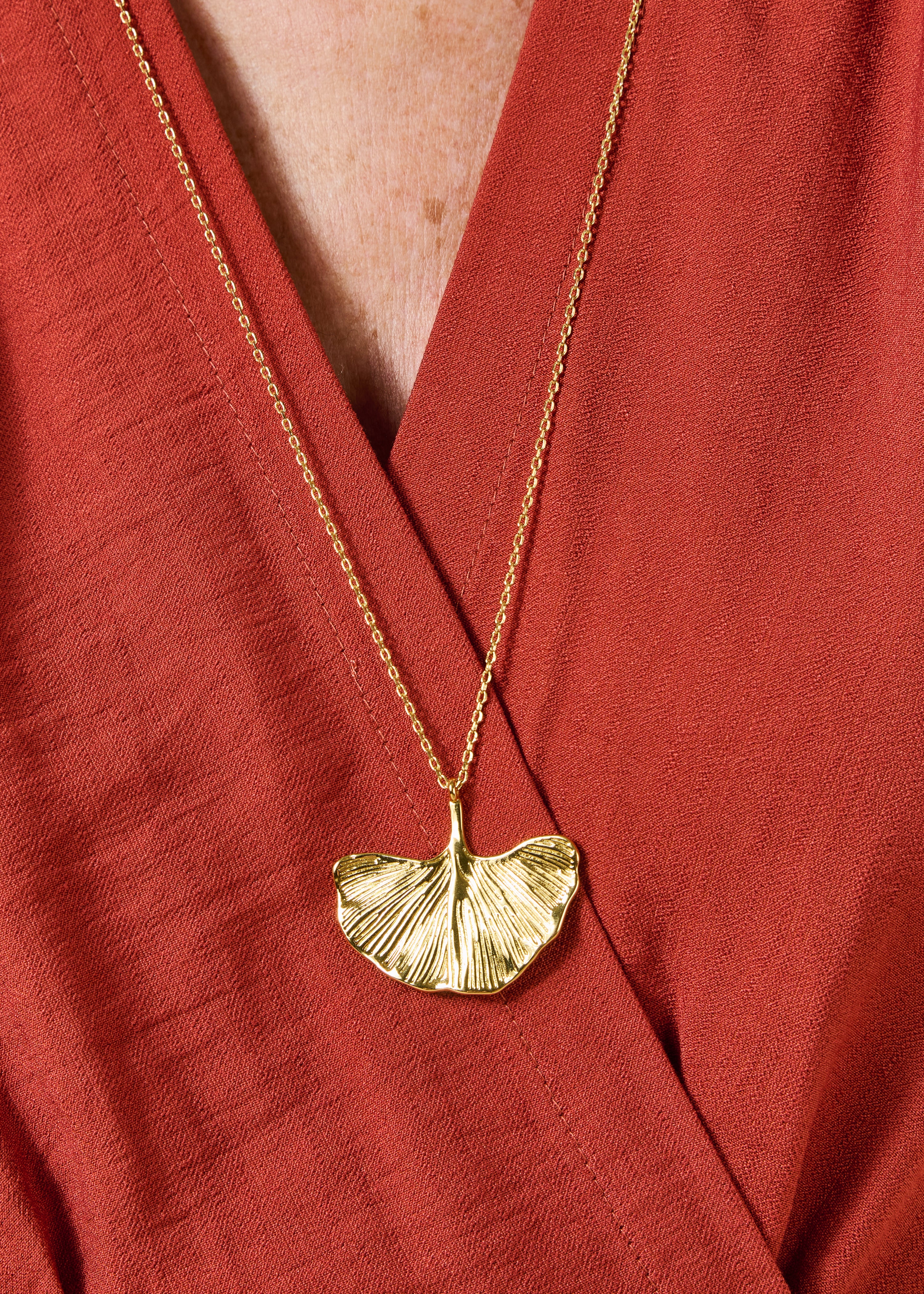 Gold long necklace ginkgo flower