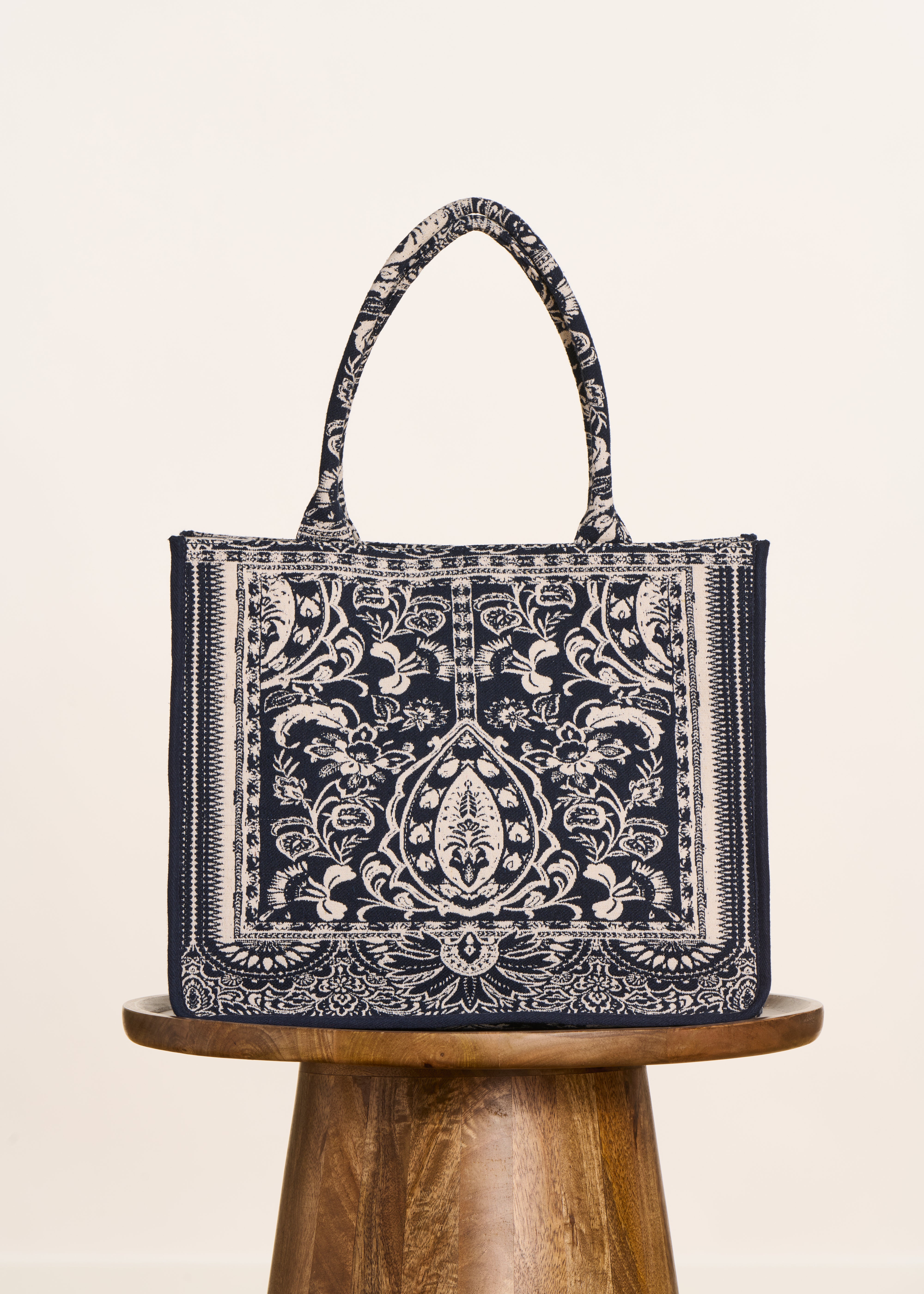 Navy blue jacquard tote bag