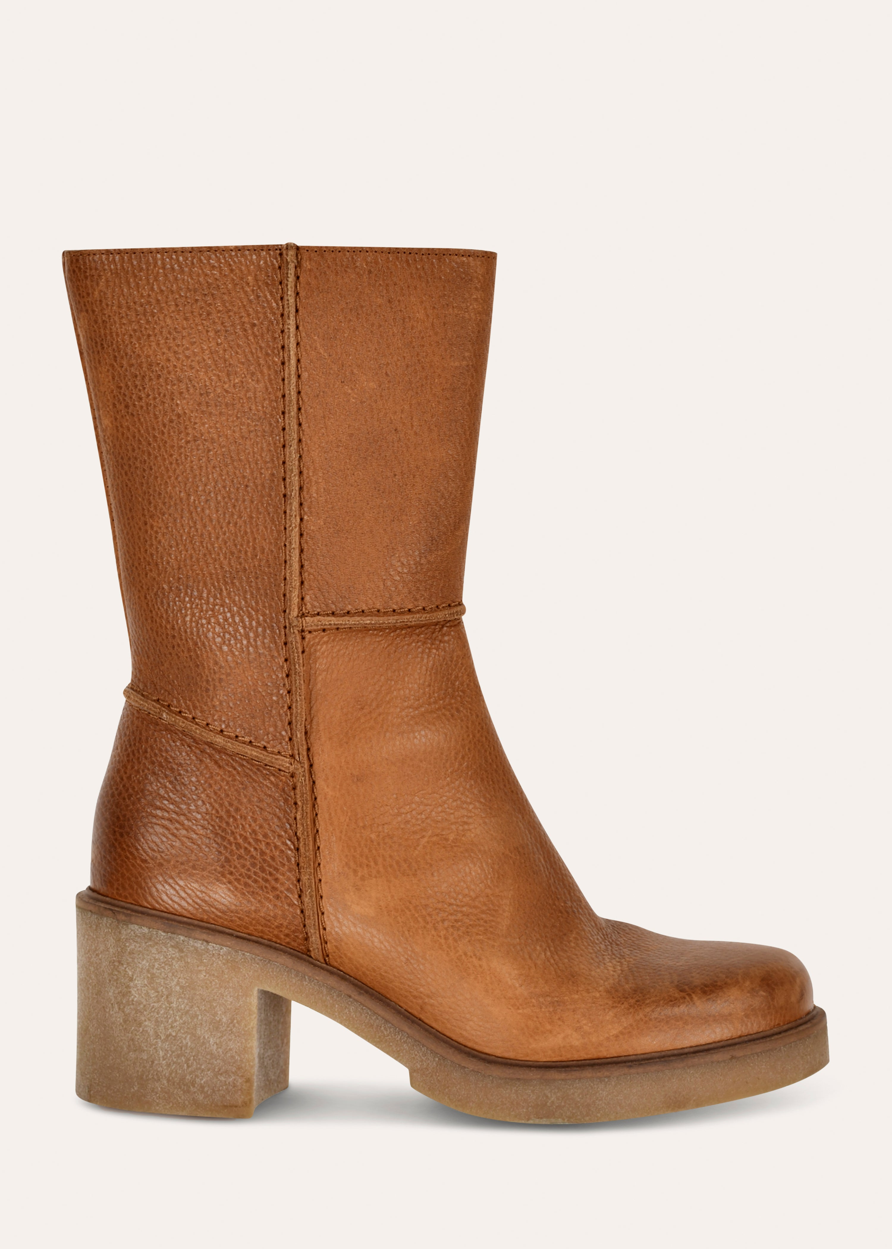 Mid-calf camel leather ankle boots