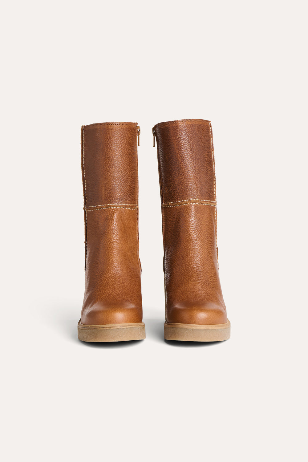 Mid-calf camel leather ankle boots