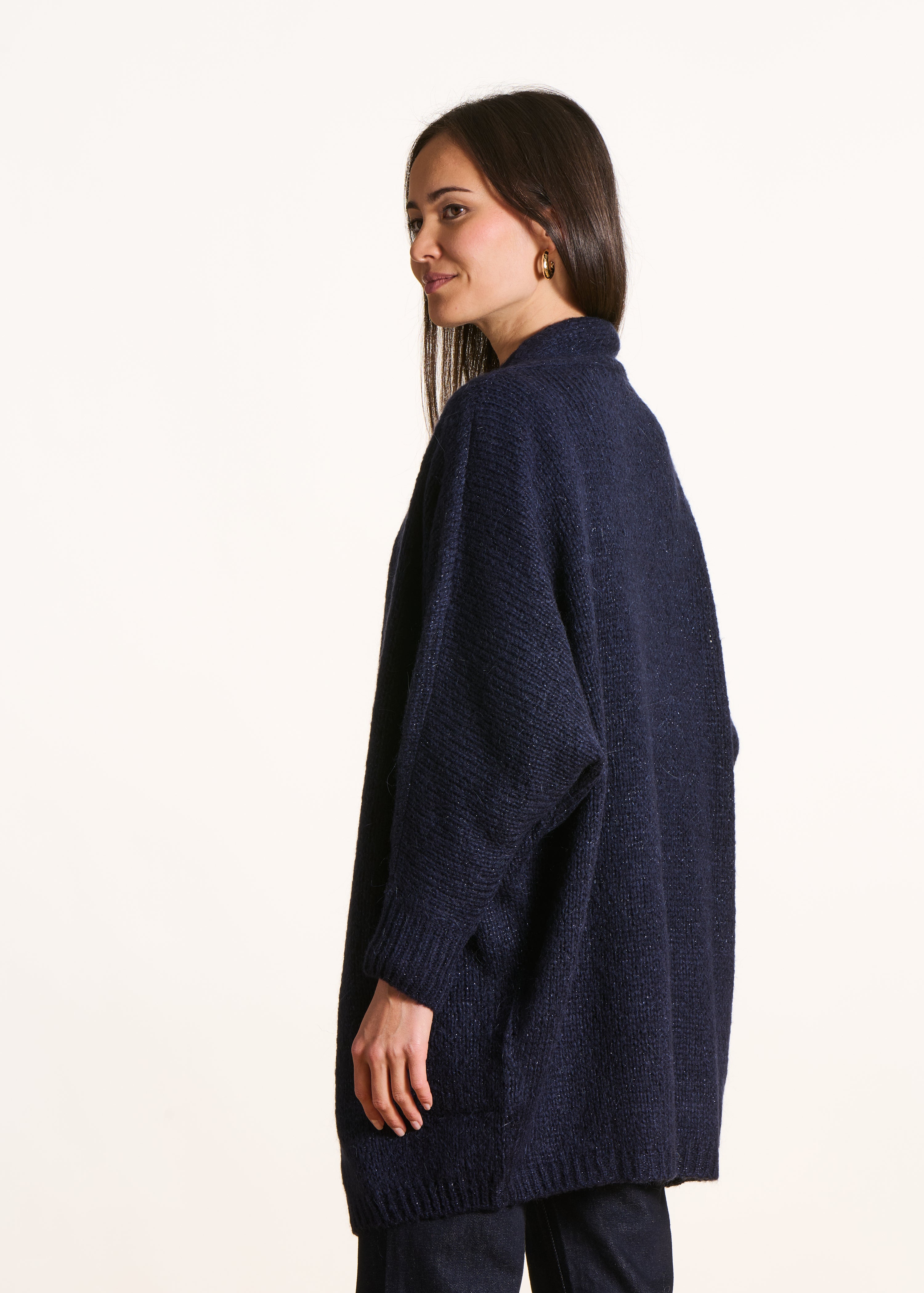 Marineblaue, halblange Oversize-Weste aus irisierender Maschenware
