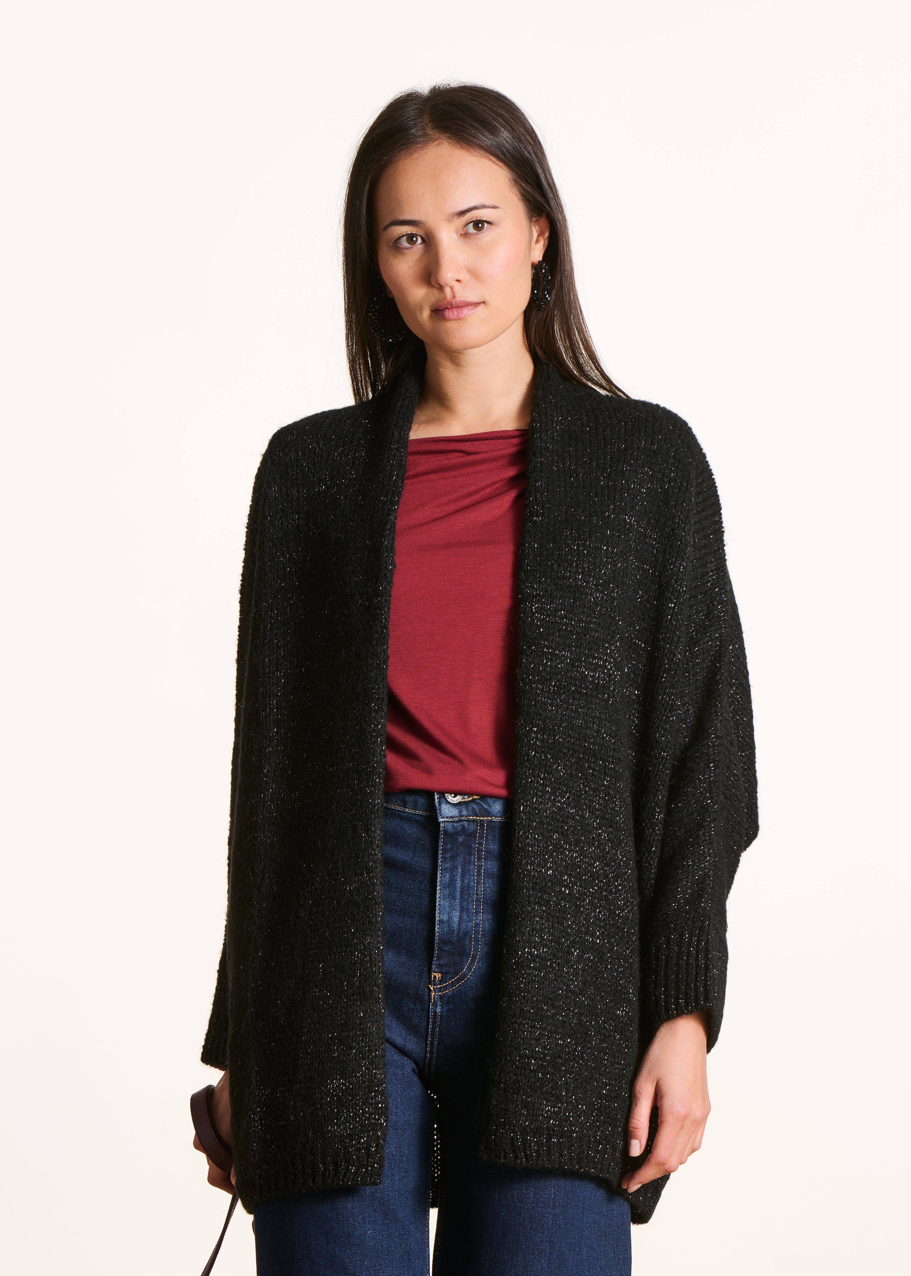 Oversized black iridescent knitted mid-length cardigan