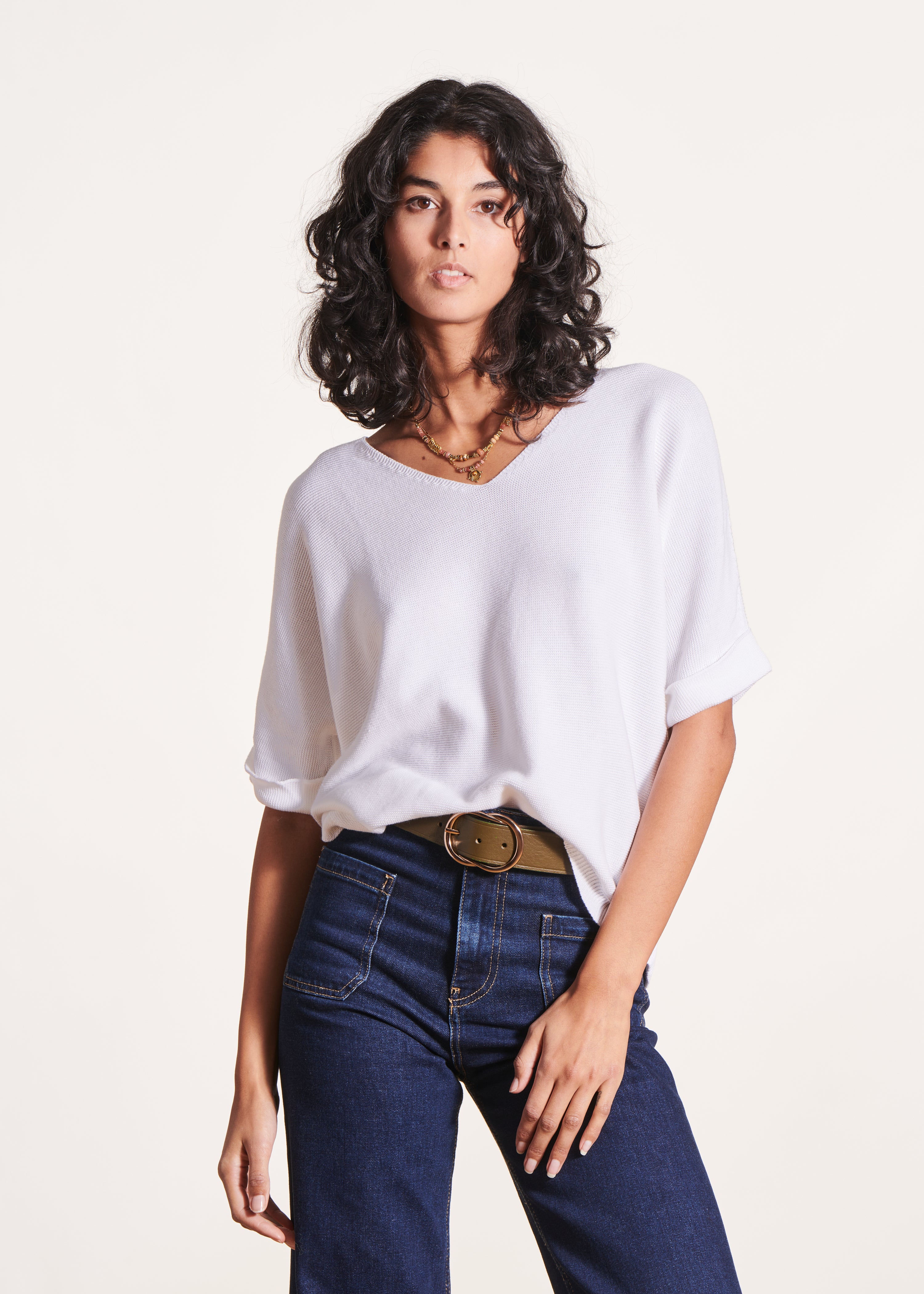 White short-sleeved V-neck sweater