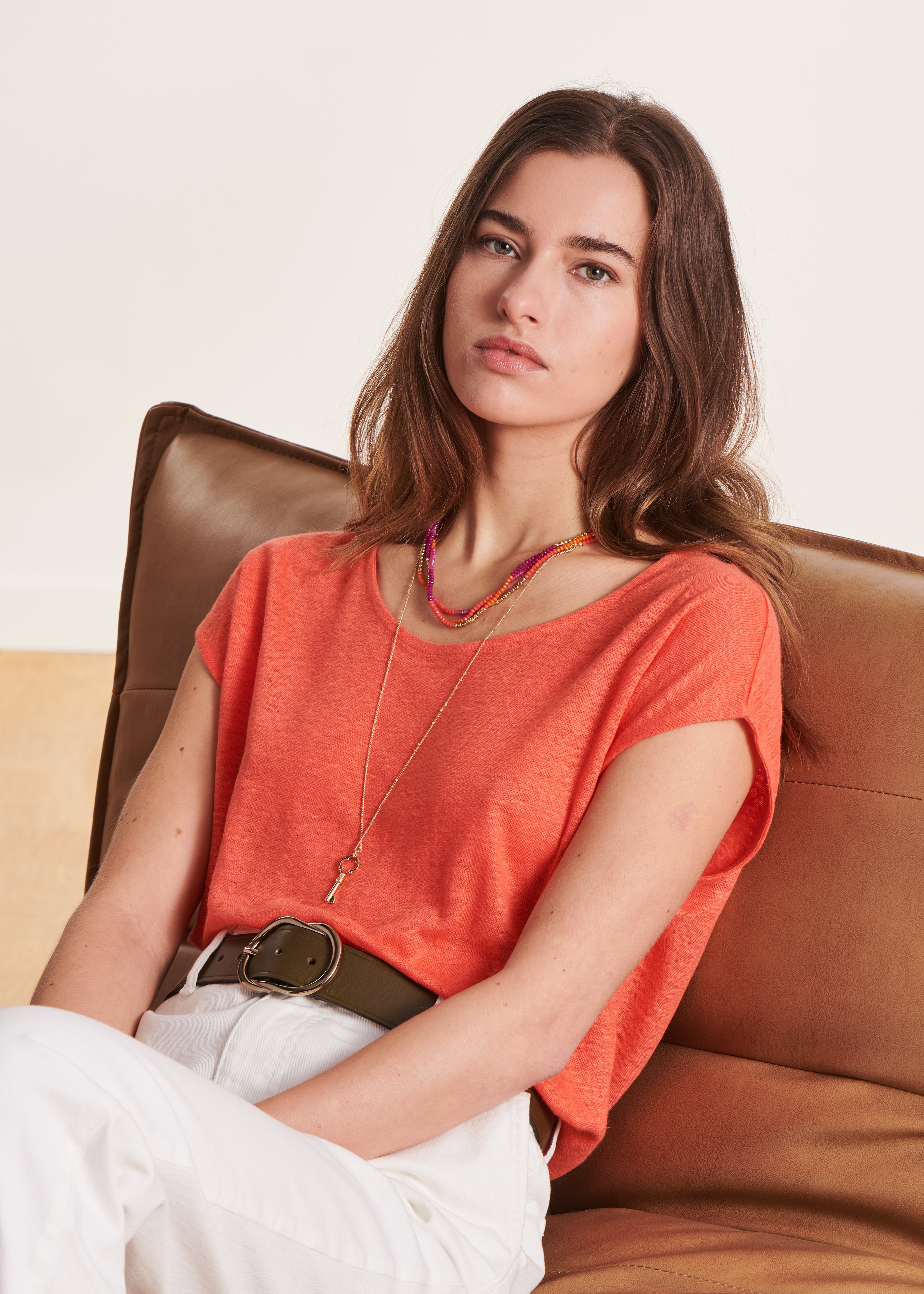 T-shirt orange en lin manches courtes