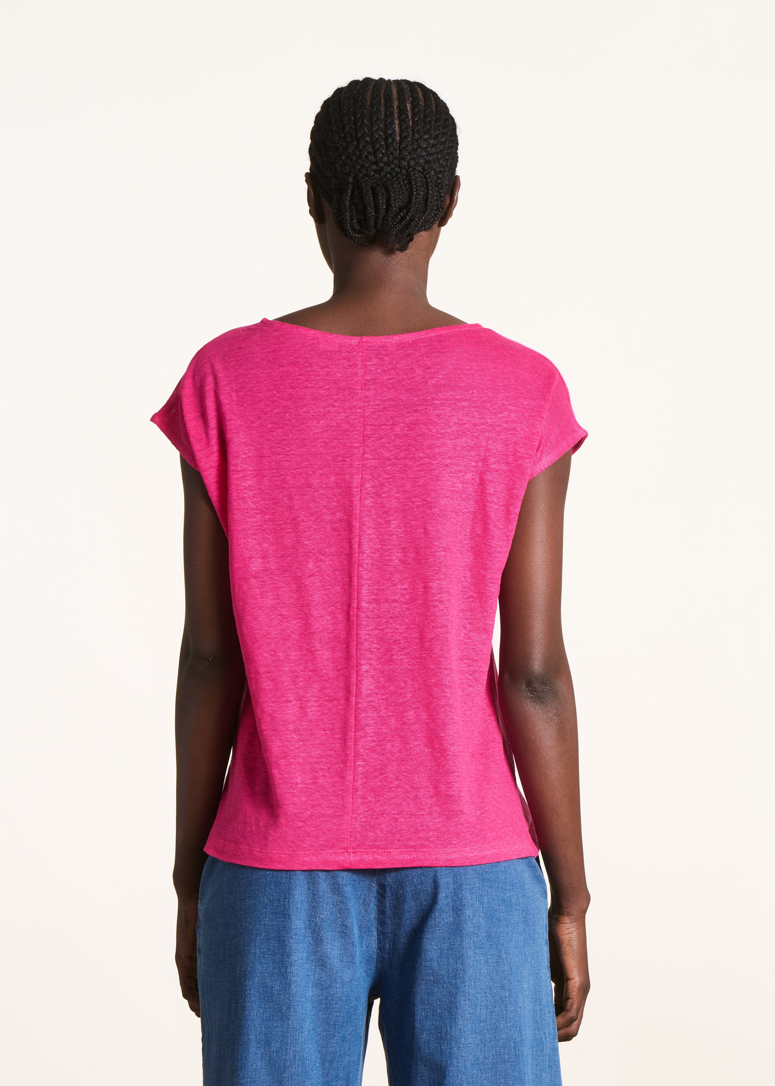 Gerades T-Shirt aus Leinenjersey in Fuchsienrosa