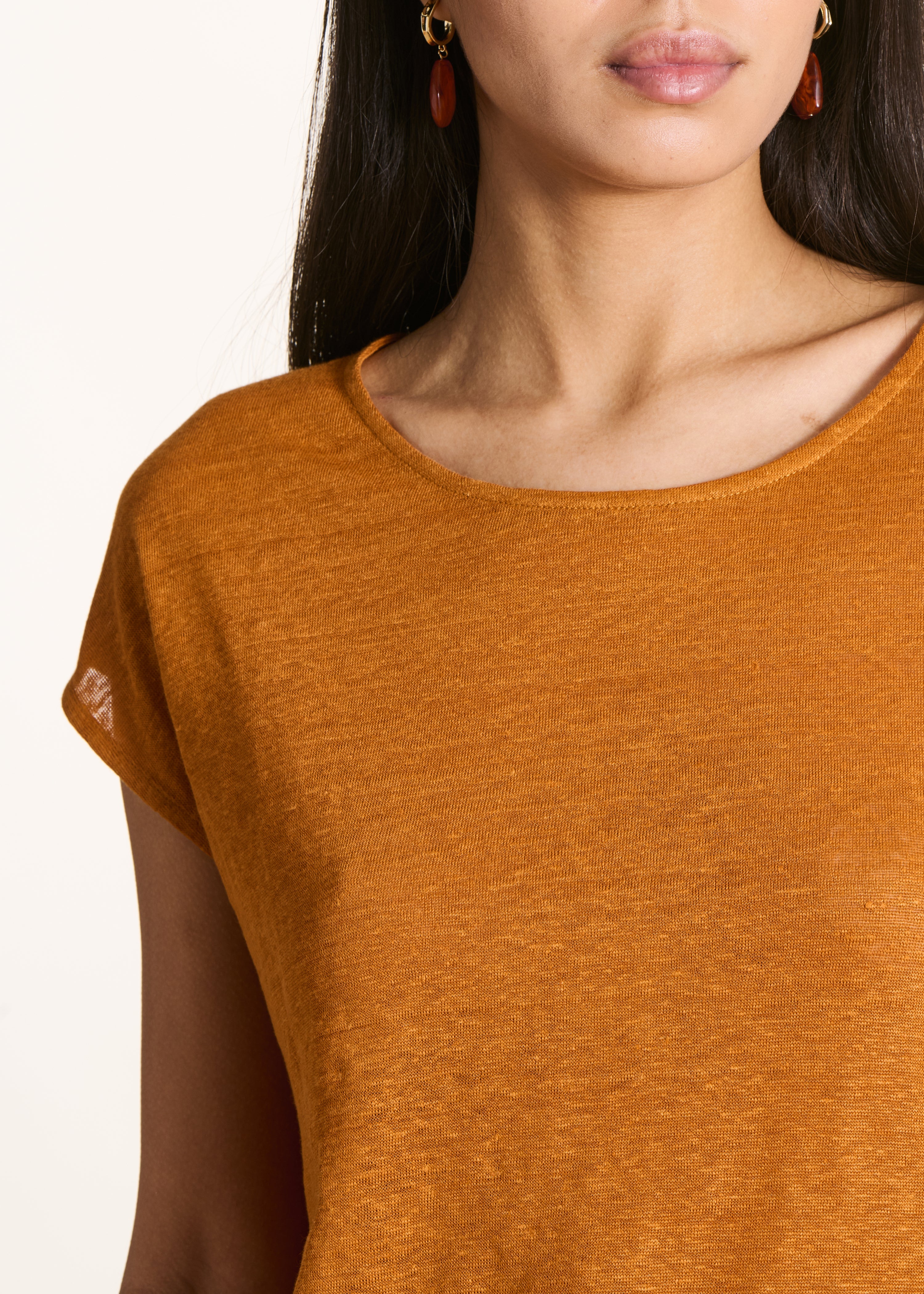 T-shirt droit ocre en jersey lin