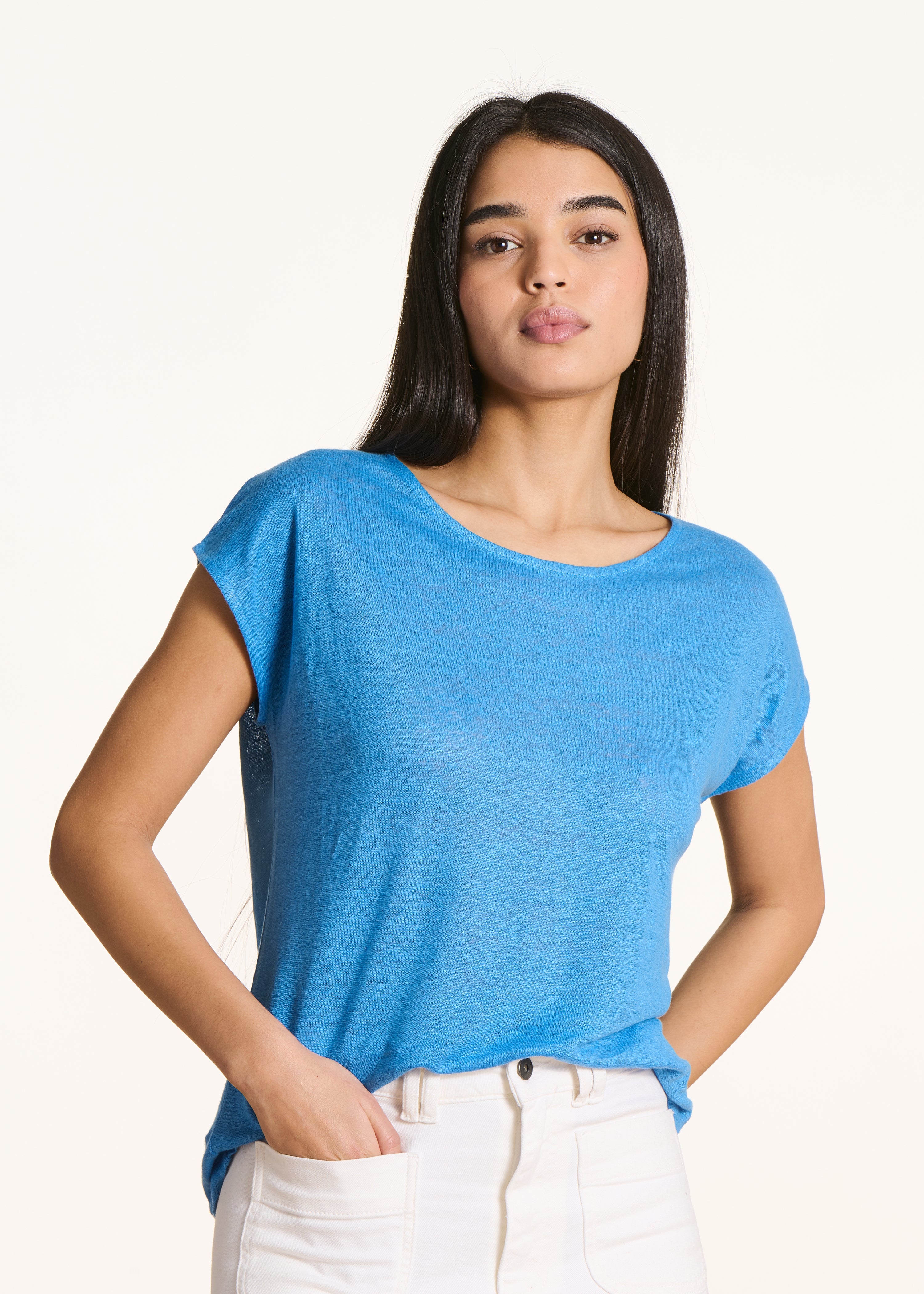 T-shirt droit en jersey lin bleu