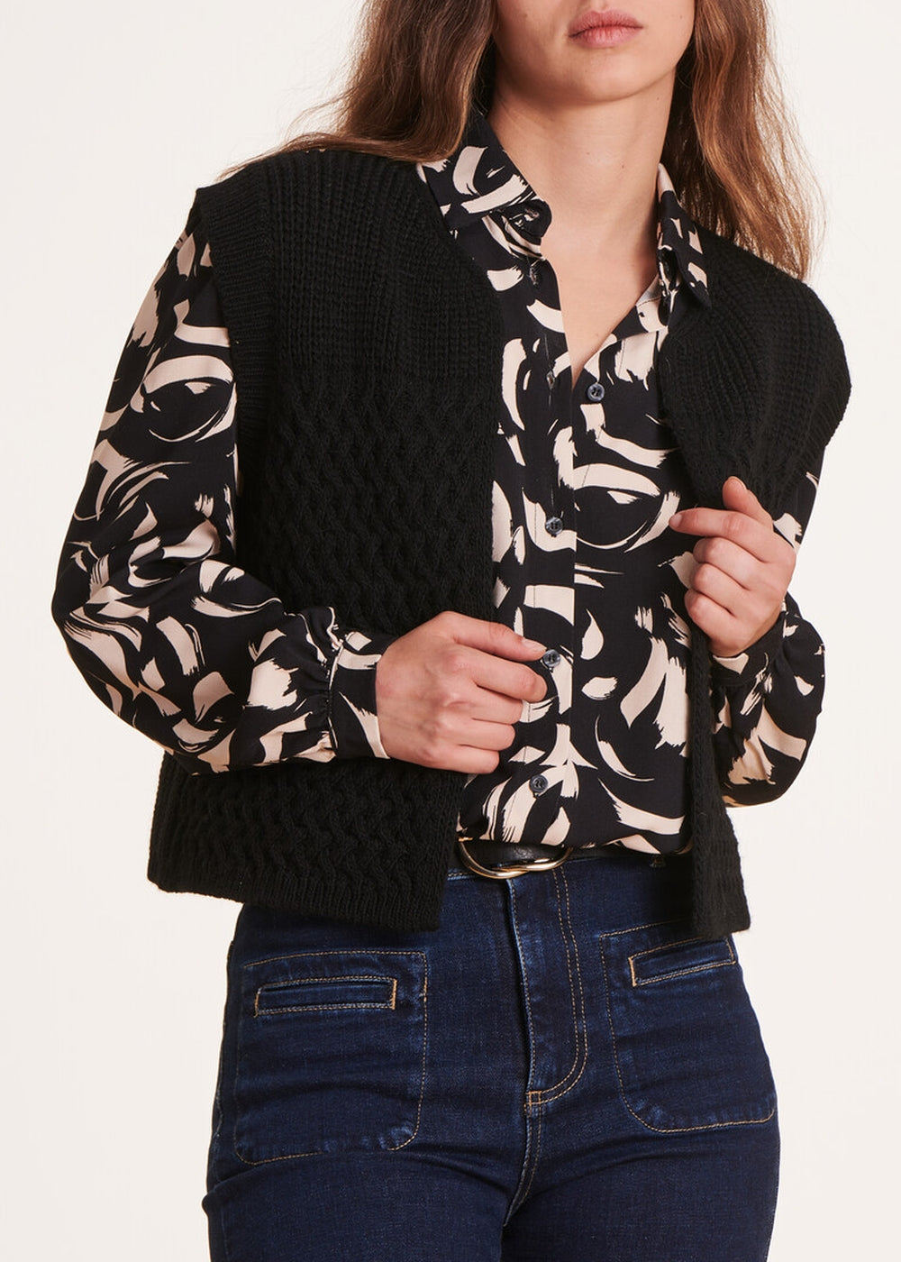 Gilet noir sans manches côtes perlées