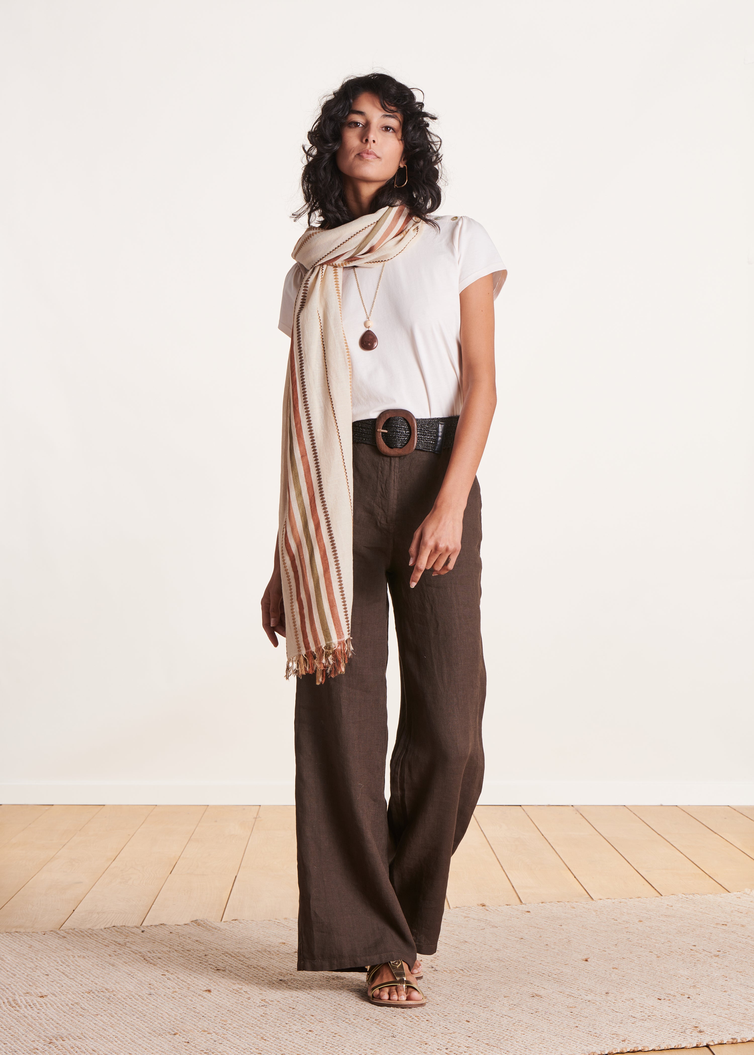 Foulard fines rayures en coton beige