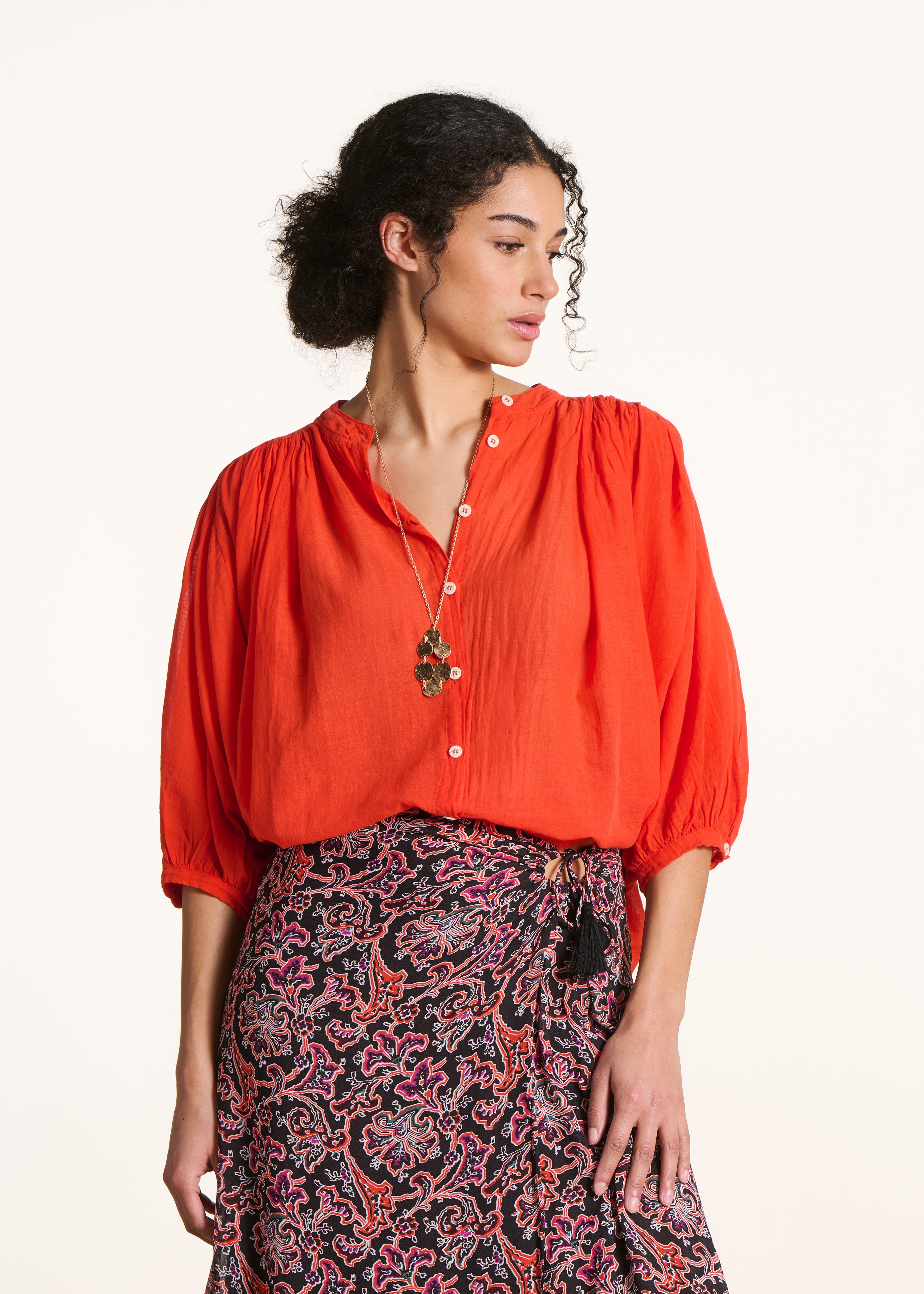 Camisa naranja de voile de algodón fluido