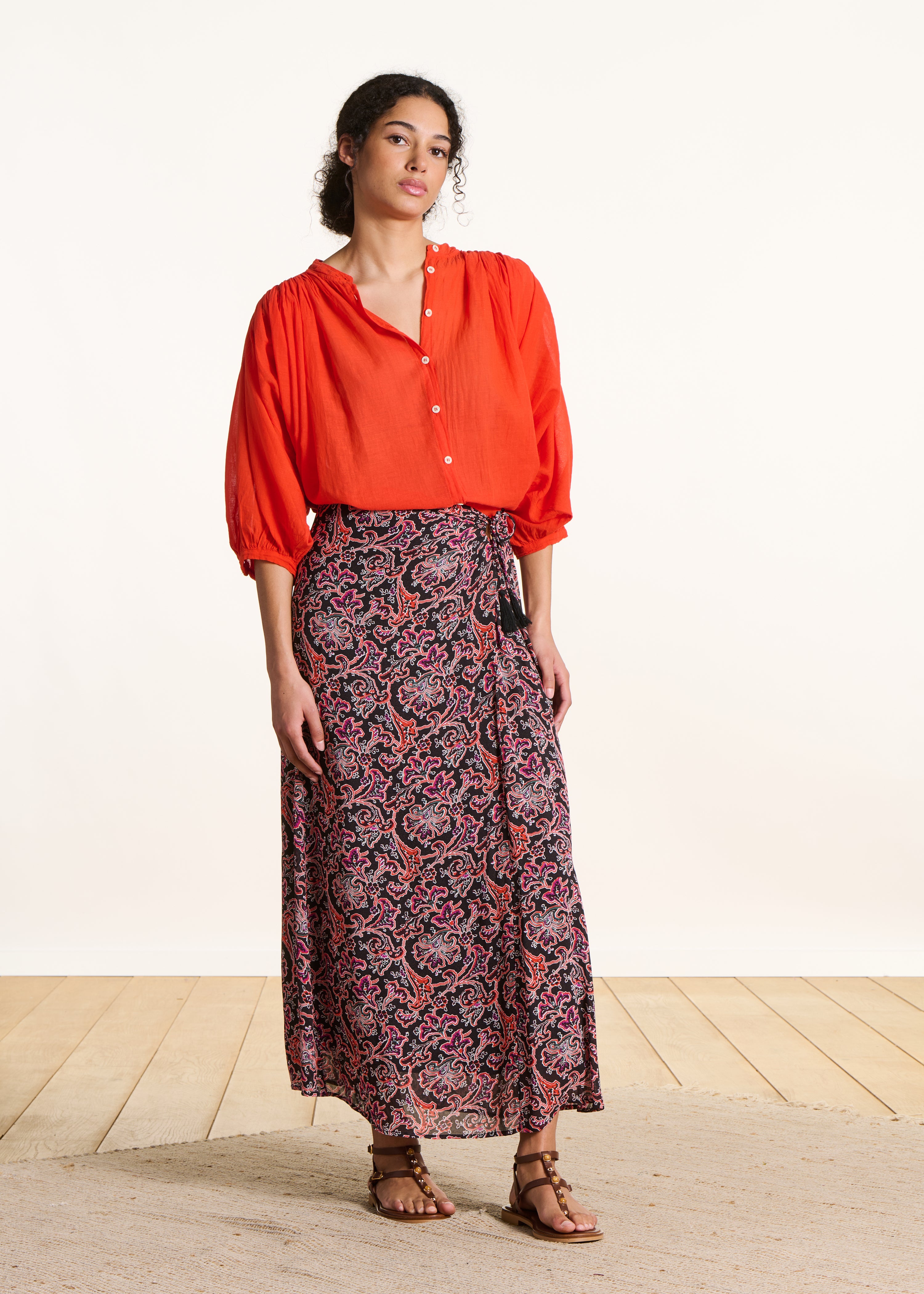 Camisa naranja de voile de algodón fluido