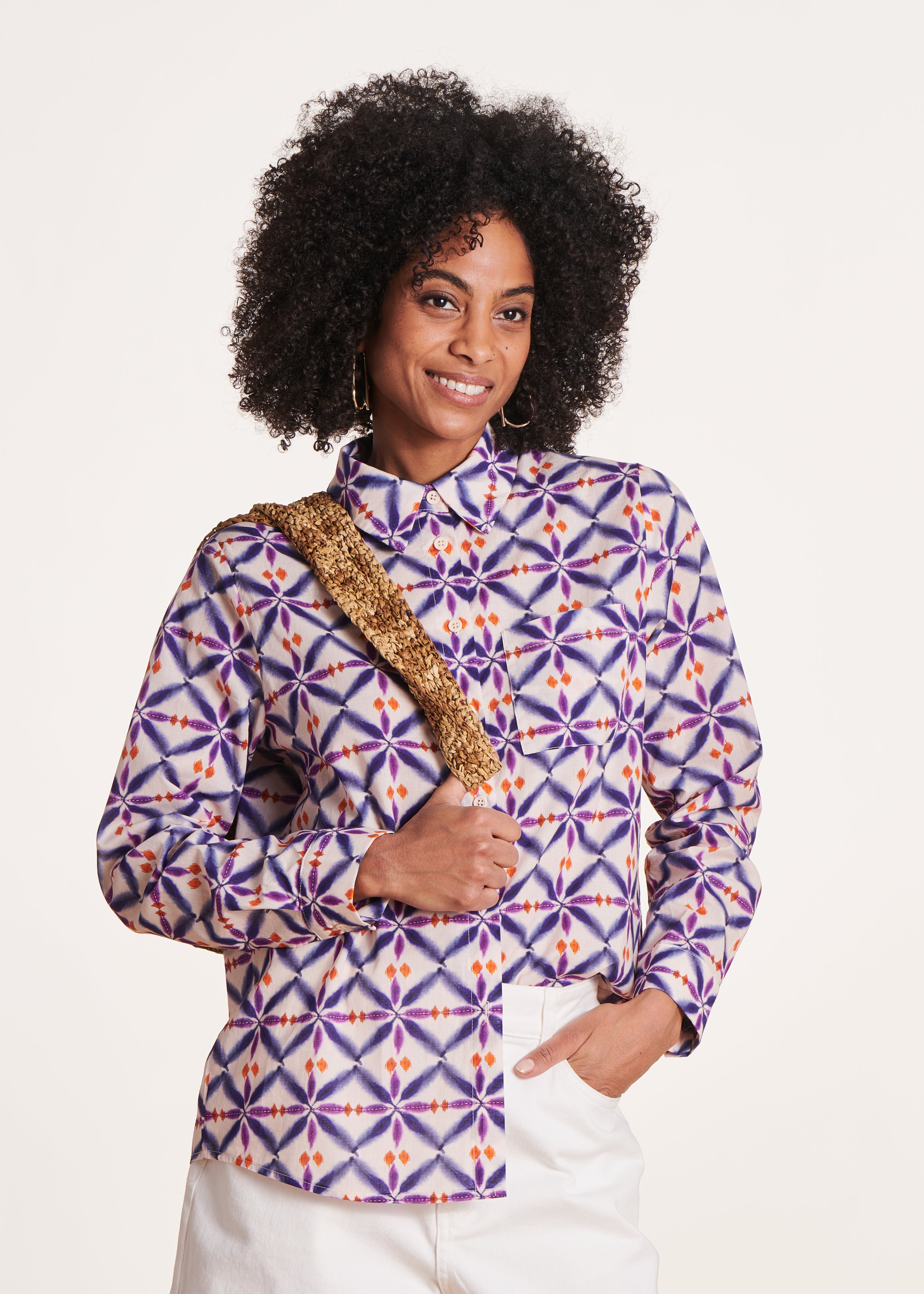 Camicia in voile di cotone stampato viola