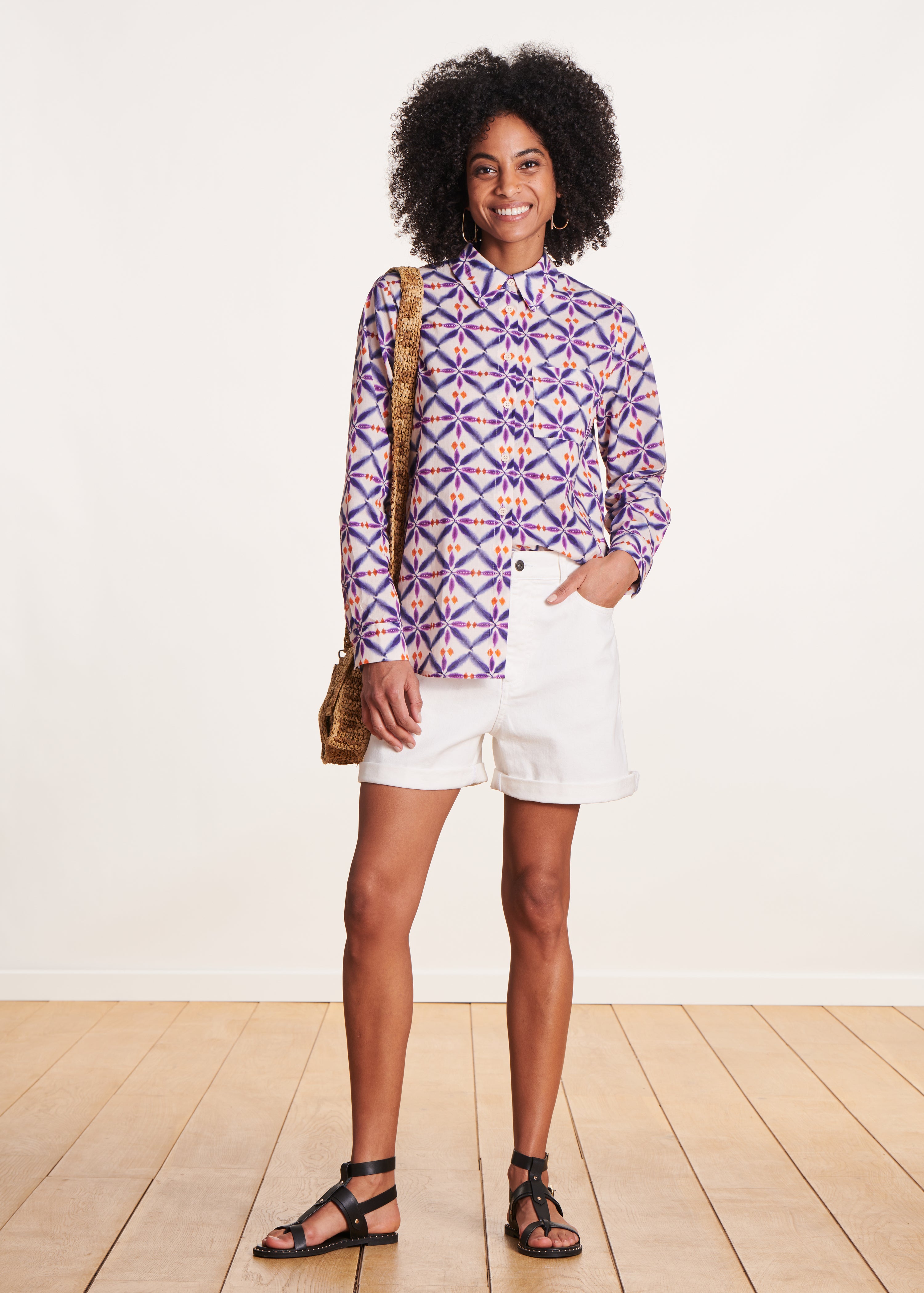 Camicia in voile di cotone stampato viola