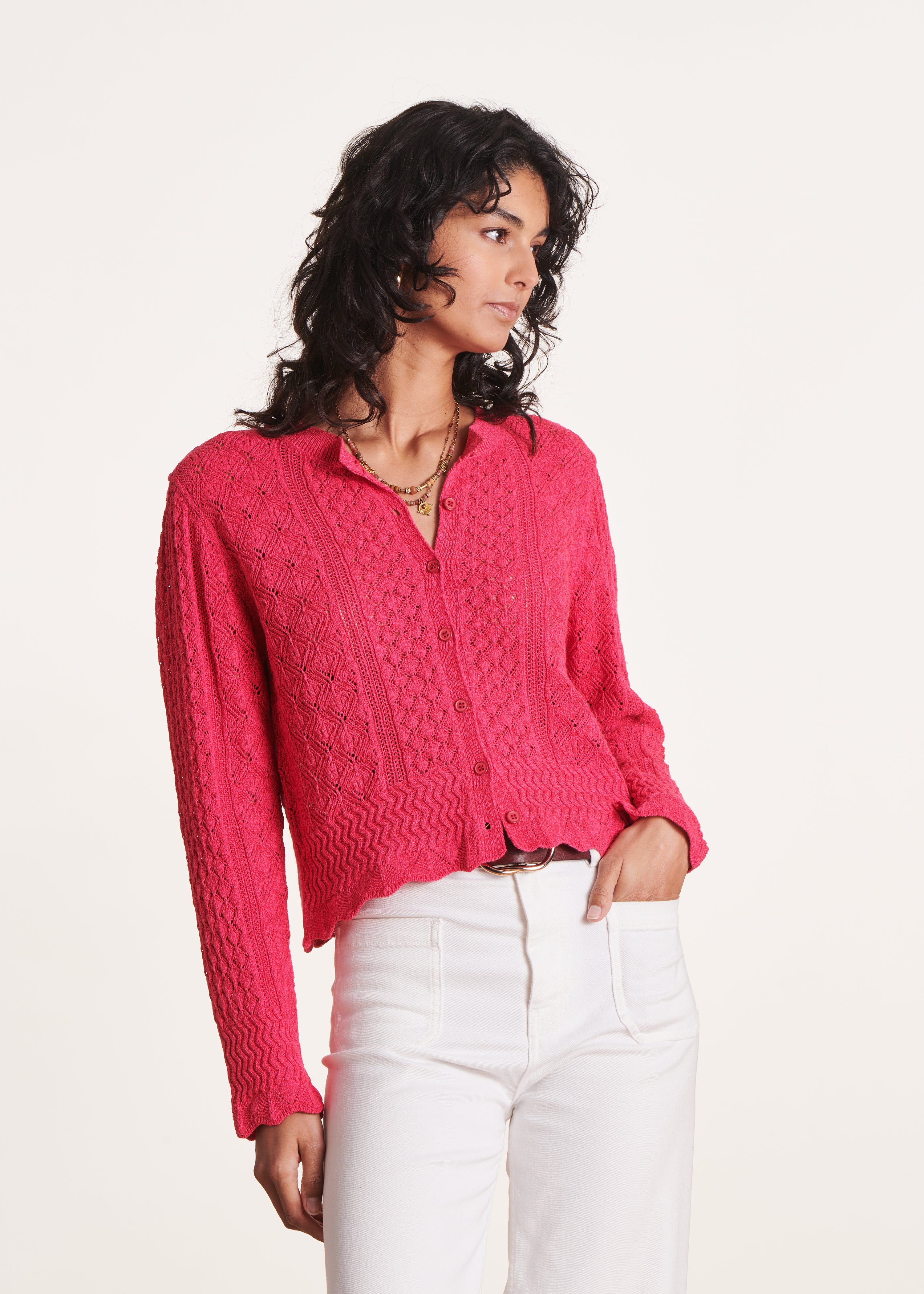 Fuchsia-pinkfarbene Strickjacke mit Rundhalsausschnitt aus melierter Maschenware