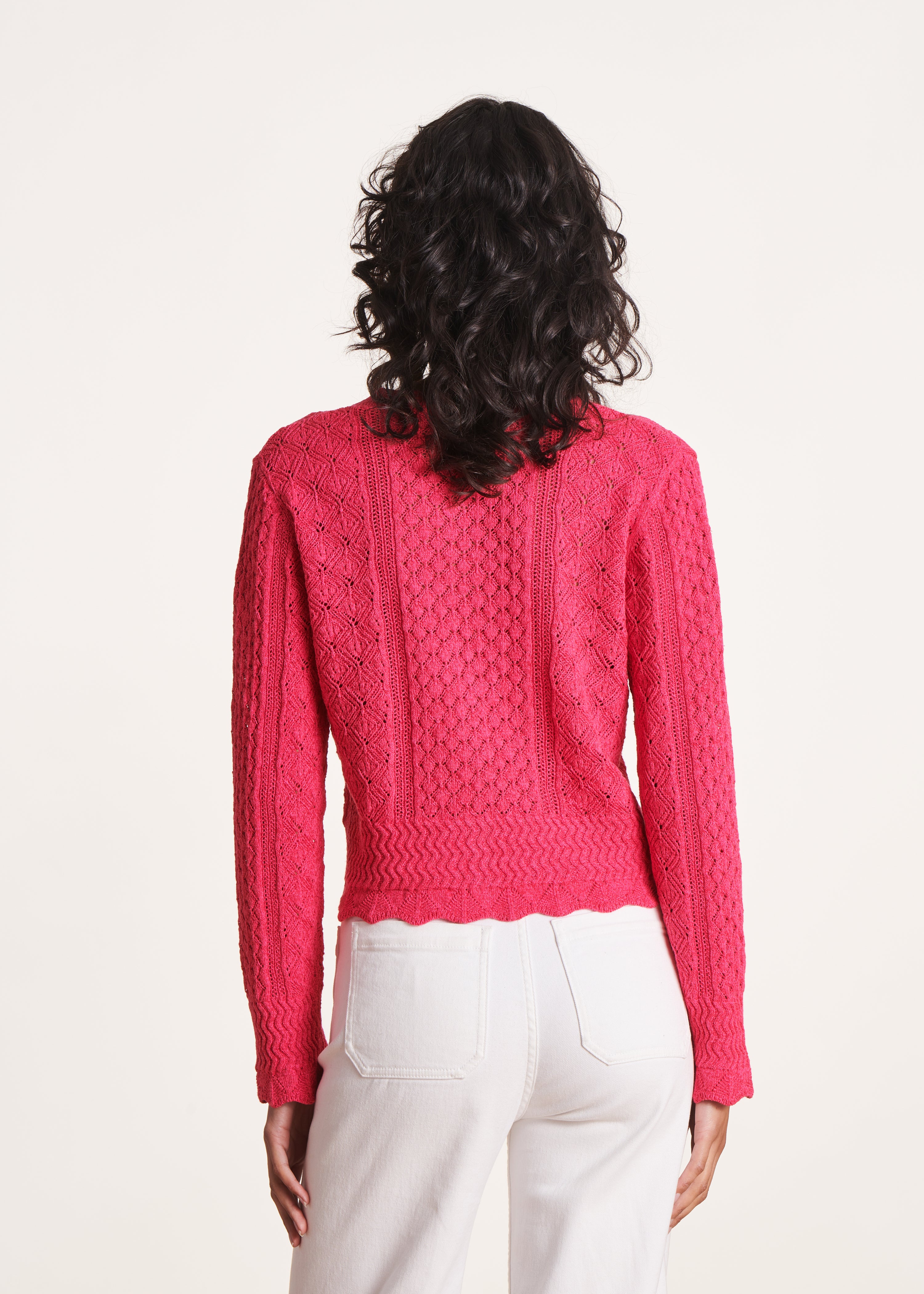 Fuchsia-pinkfarbene Strickjacke mit Rundhalsausschnitt aus melierter Maschenware
