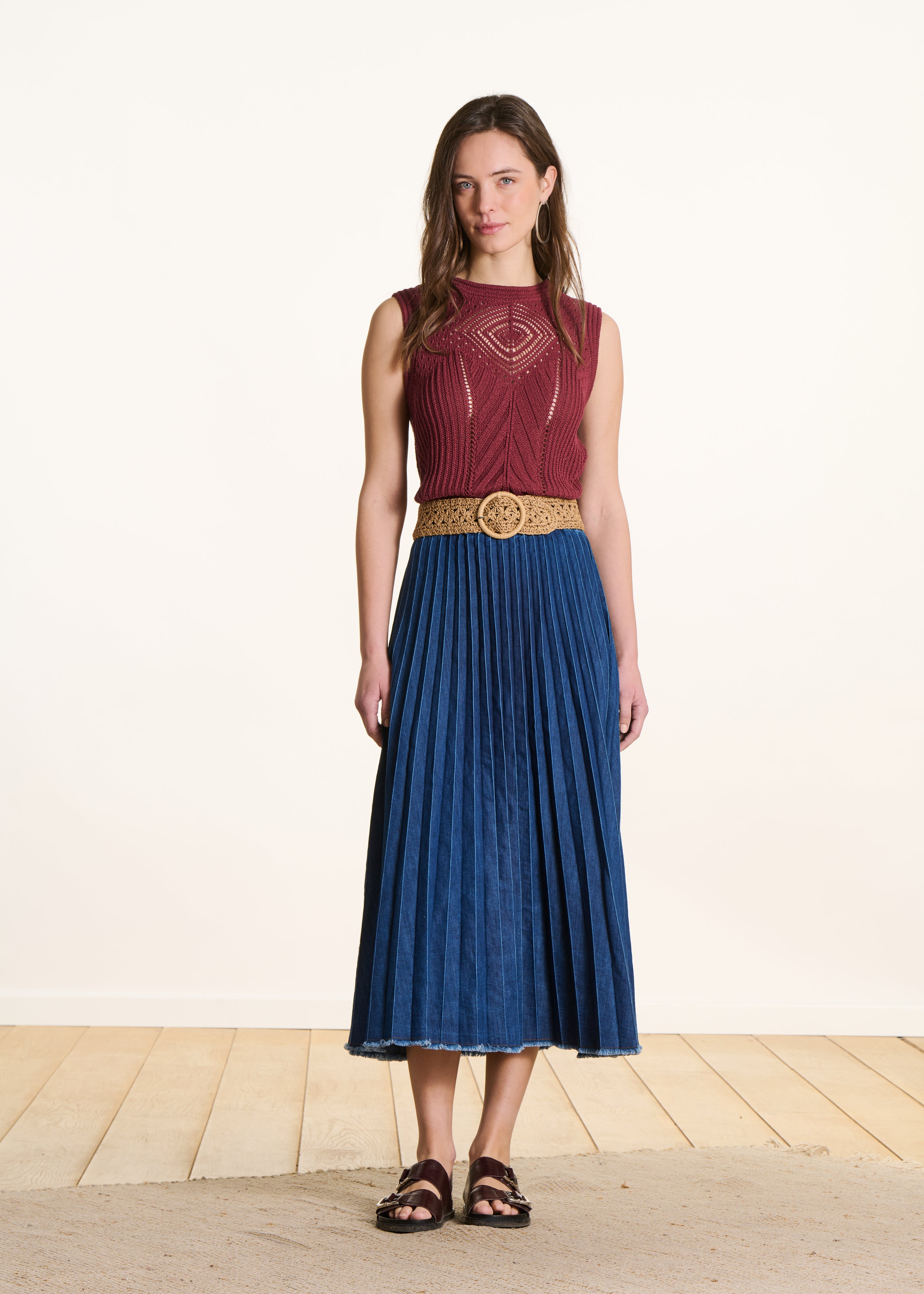 Long pleated denim skirt