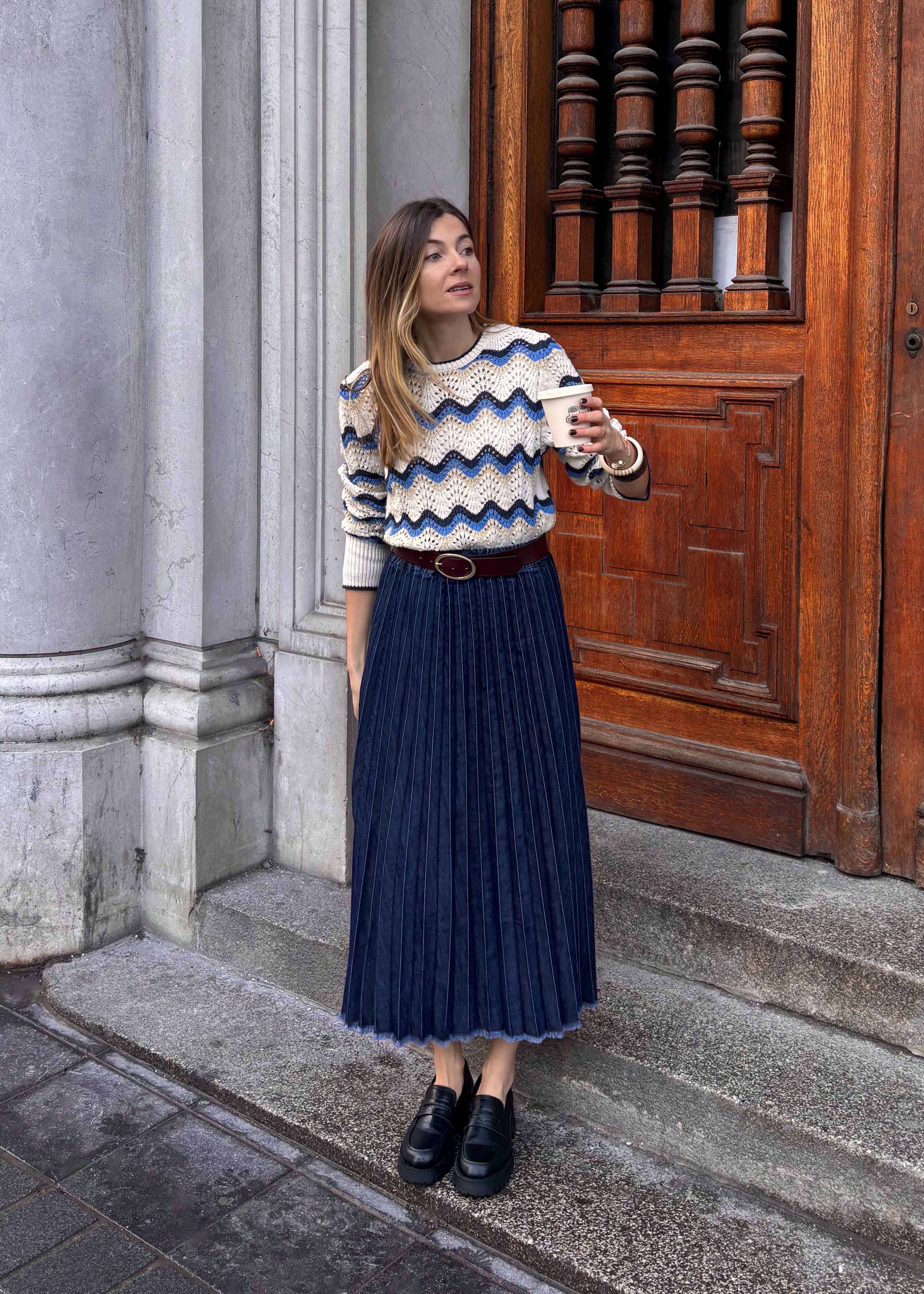 Long pleated skirt in raw denim