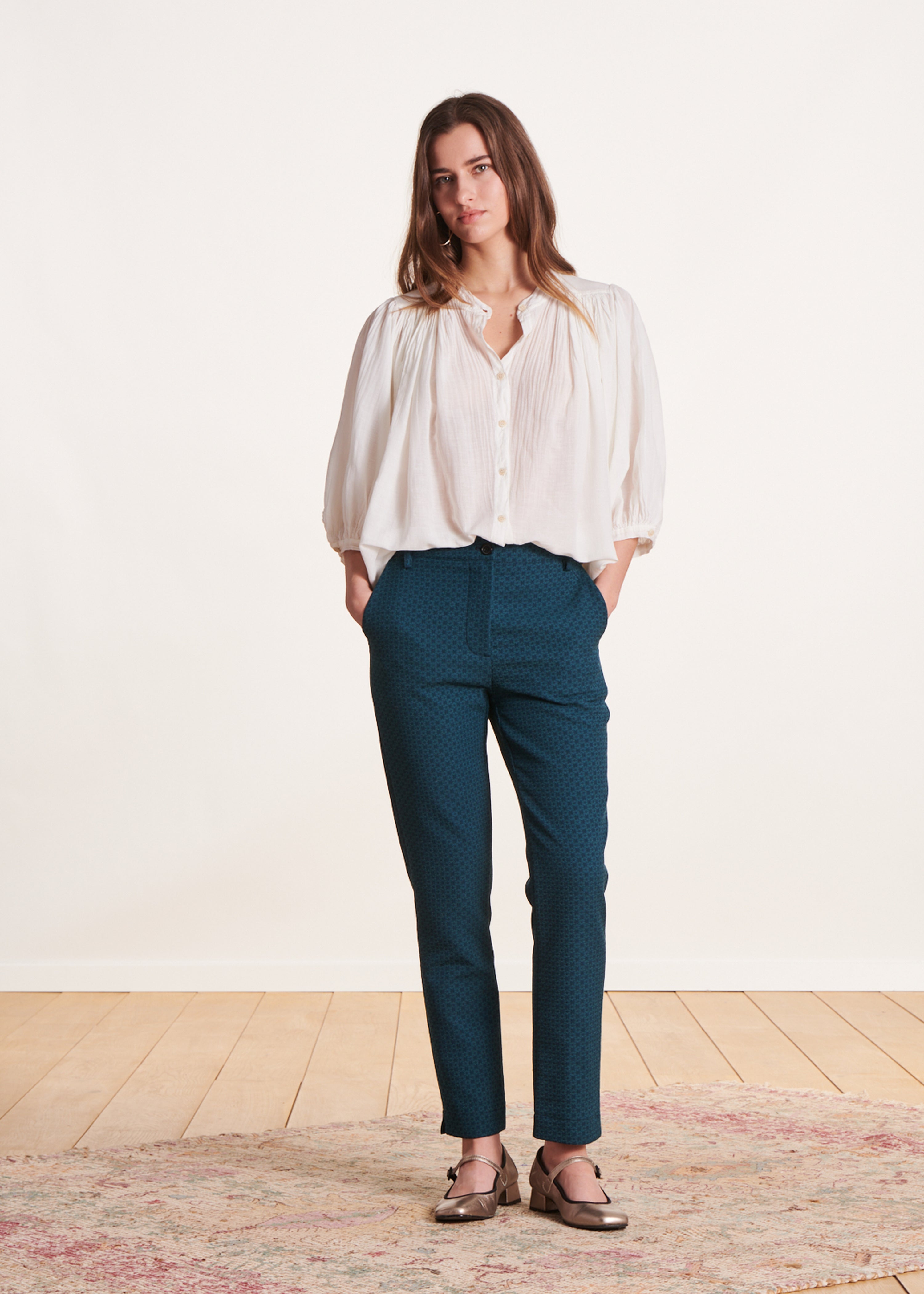 Pantalon 7/8ème en jacquard bleu pétrole