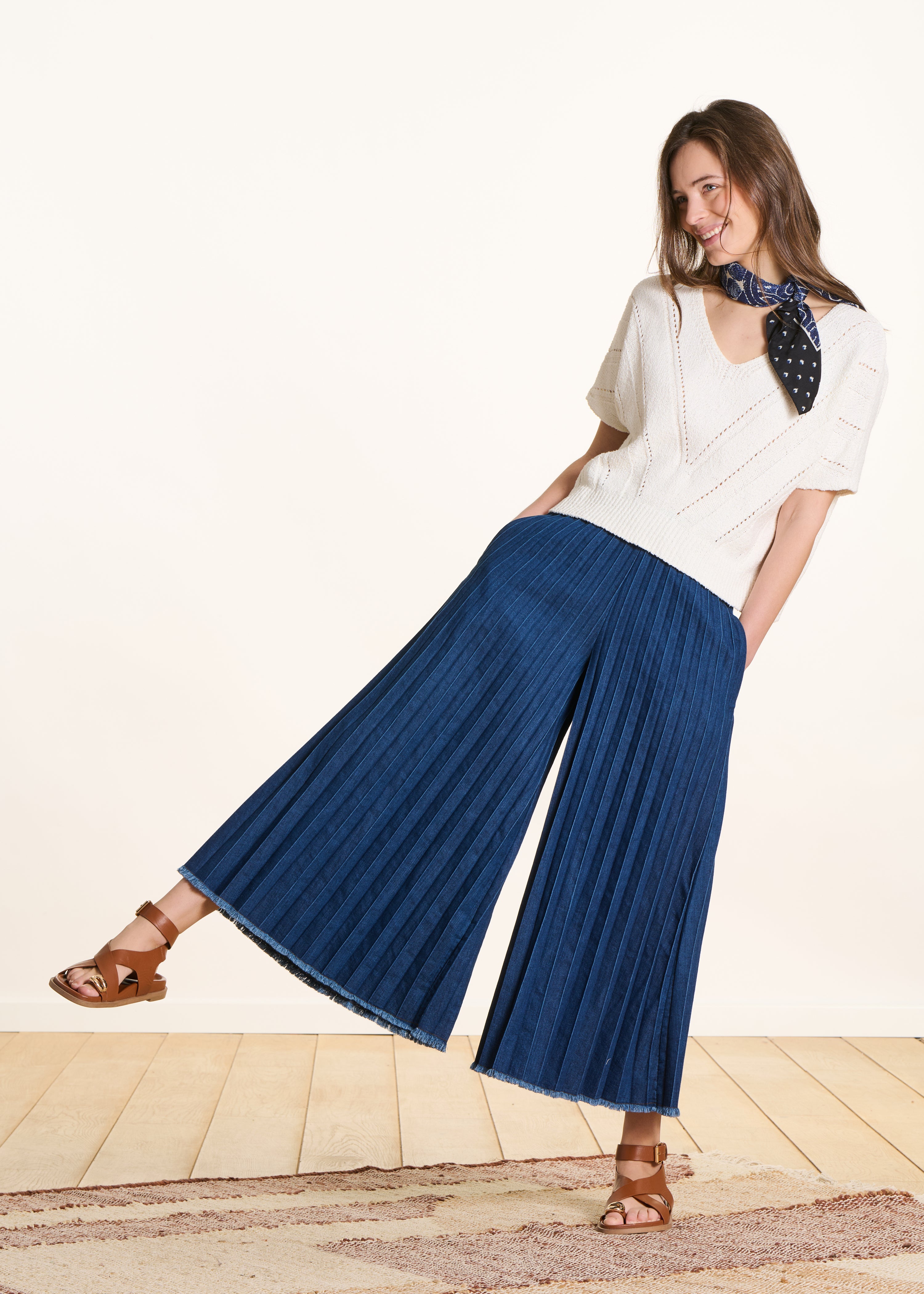 Denim culotte skirt trousers with elastic waist