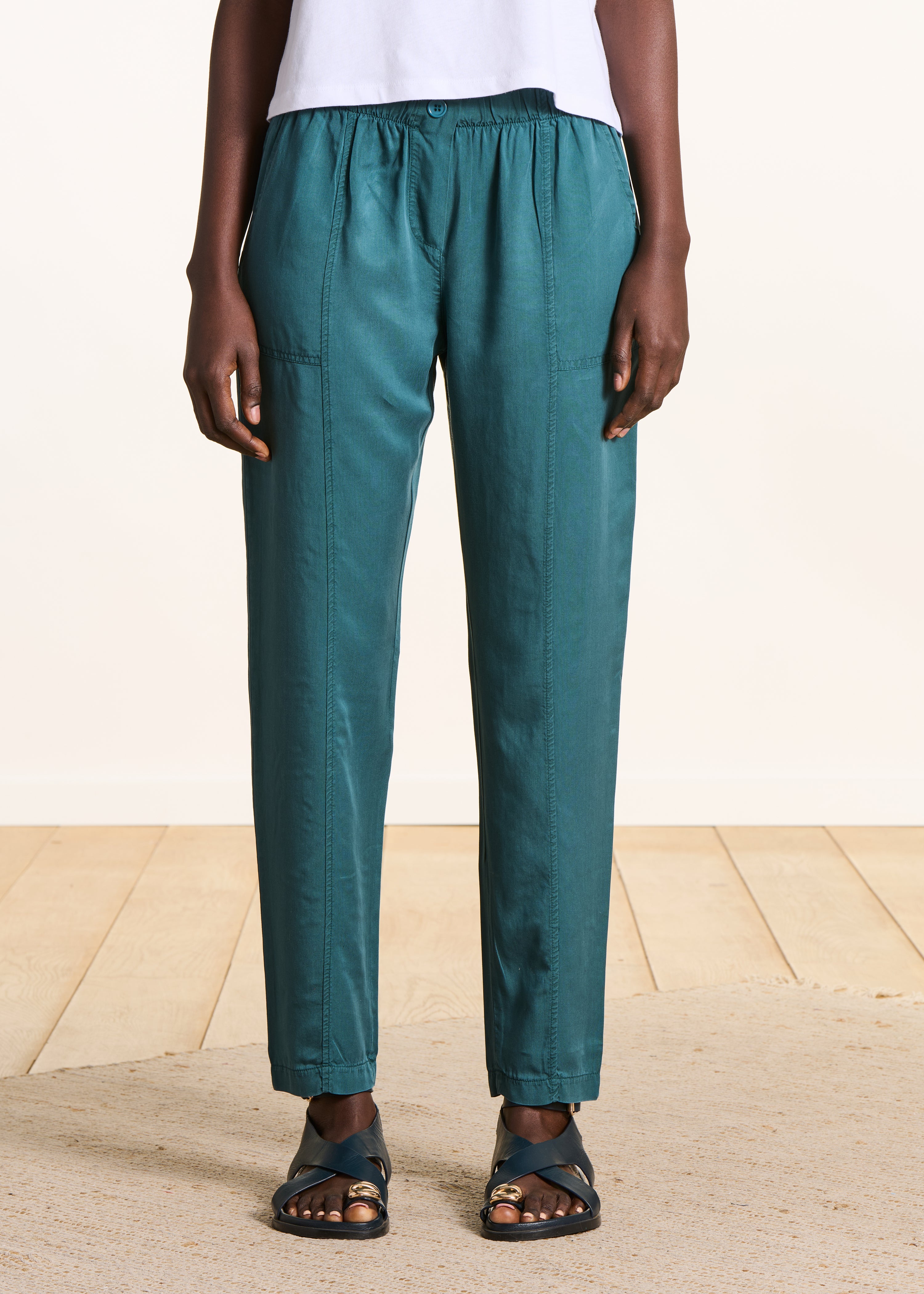 Petrol blue flowing trousers in lyocell with elasticated waist