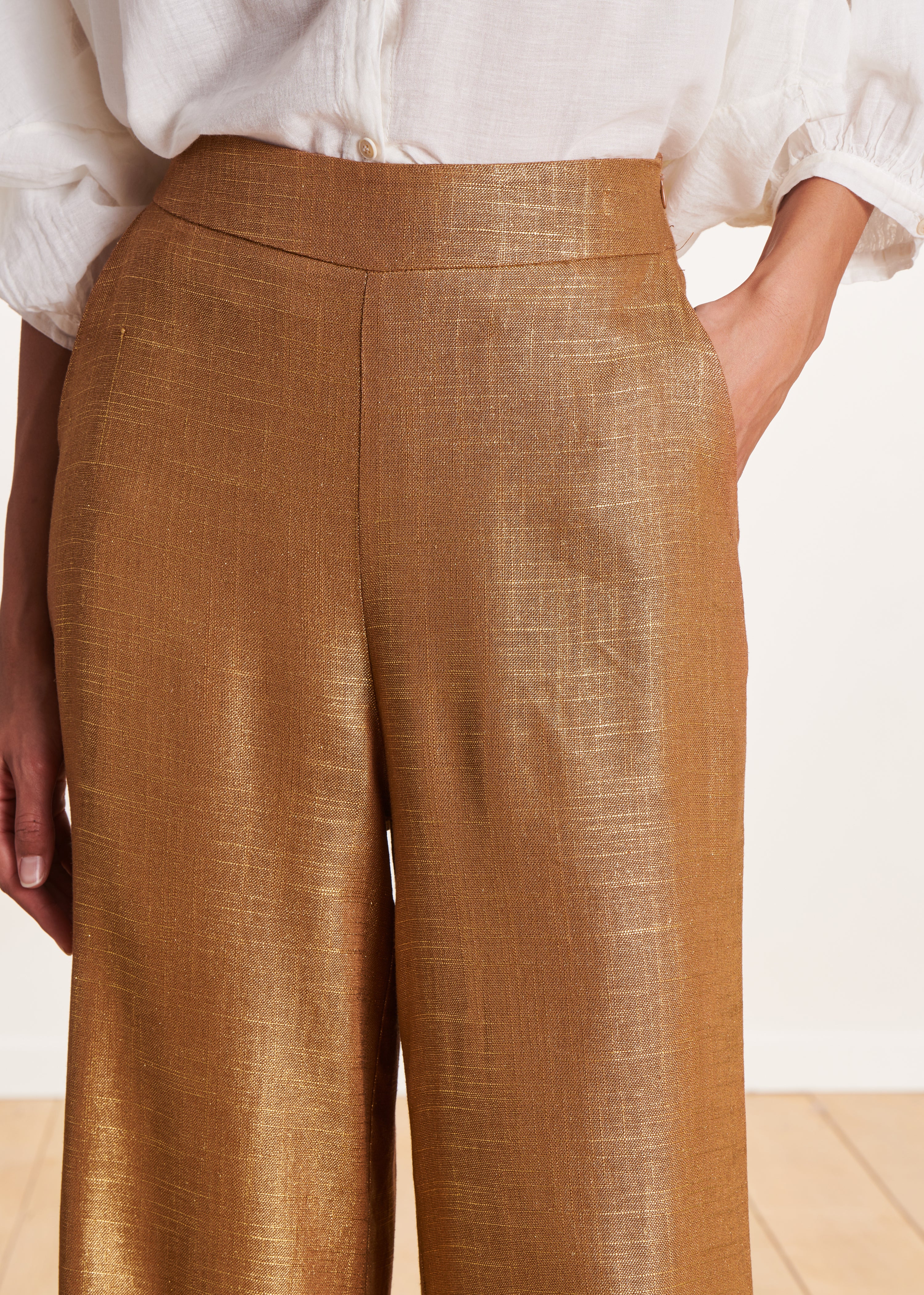 Pantalon bronze en lin foiled taille haute