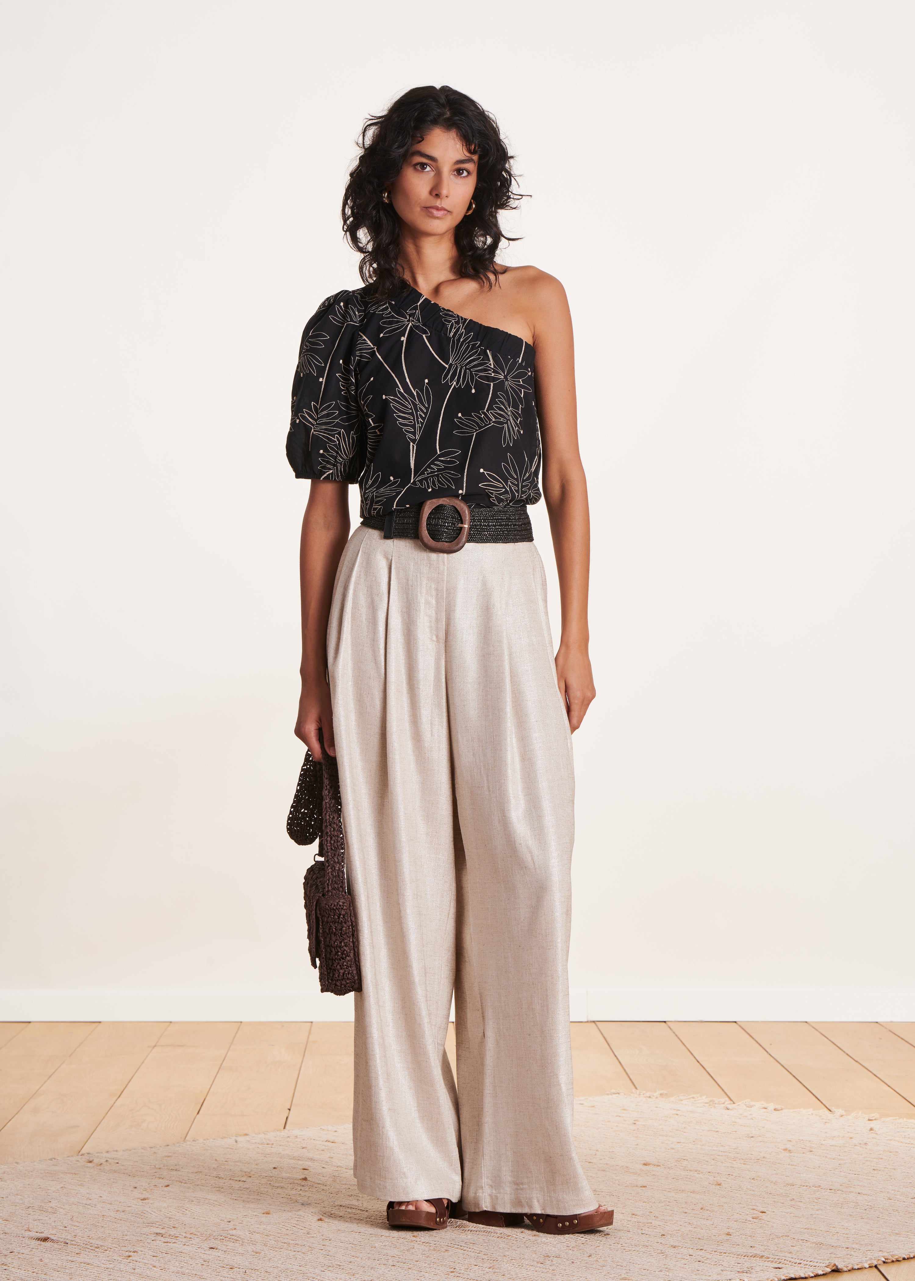 Pantalon ample beige irisé en lin foiled taille haute