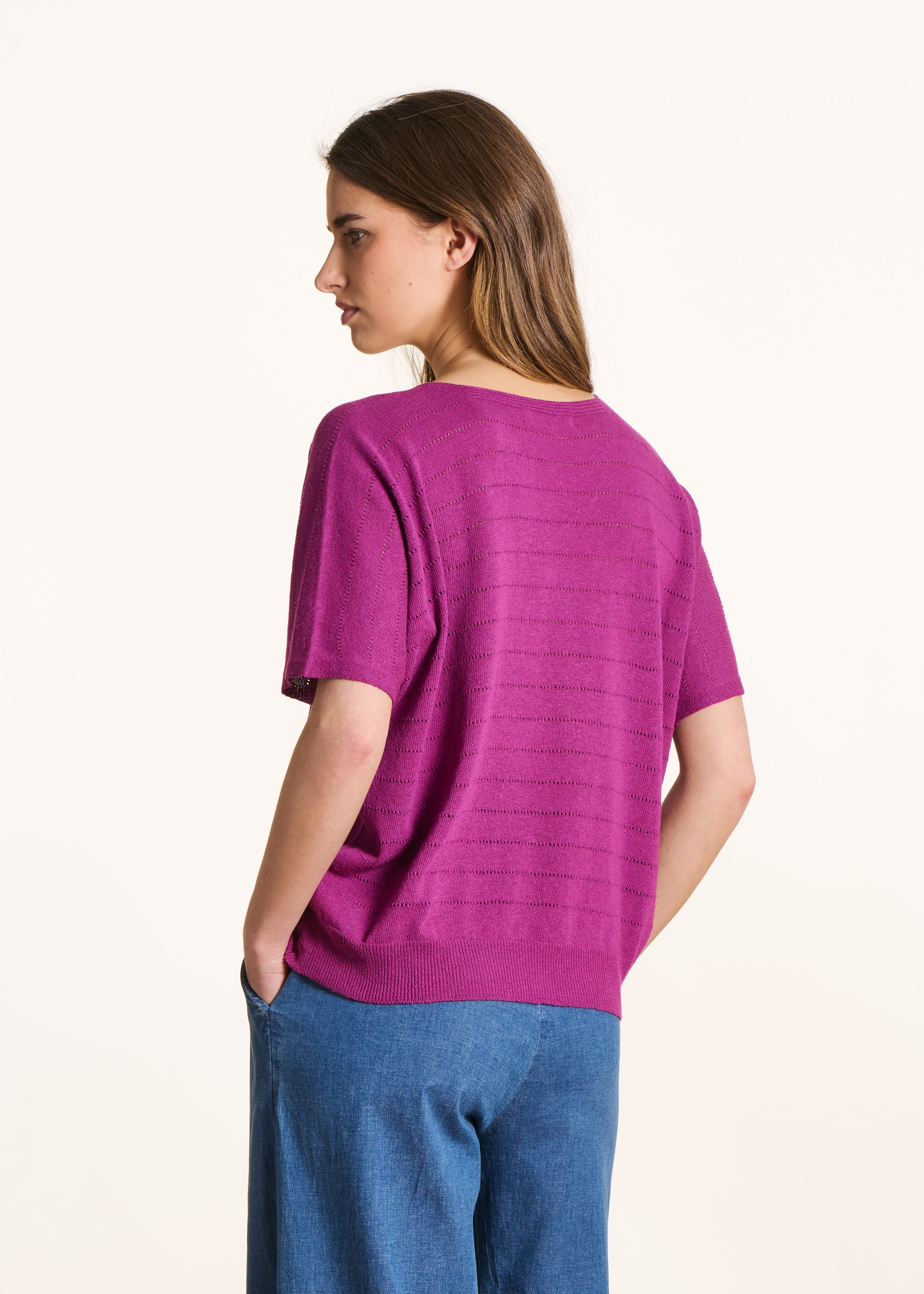 Oversized purple openwork short-sleeve sweater