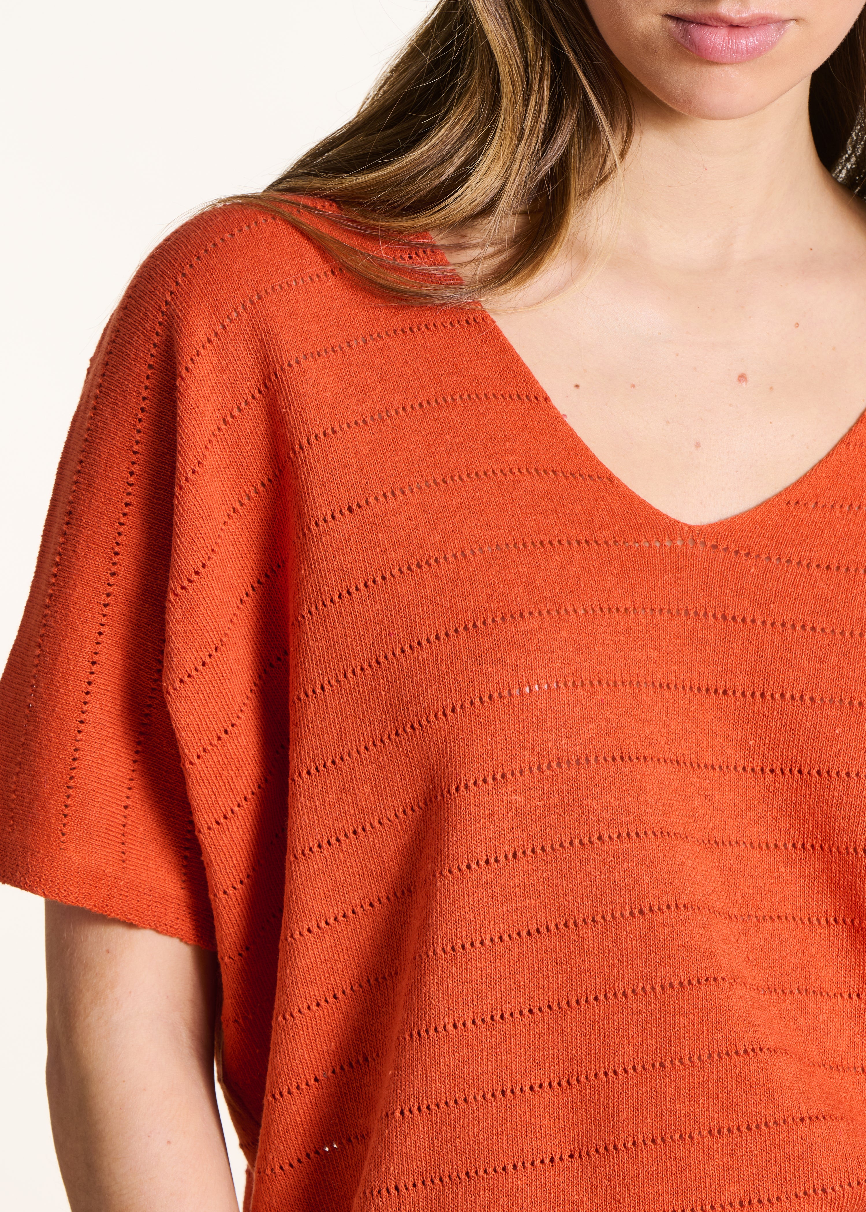 Oversize-Pullover Orange mit Lochmuster und kurzen Ärmeln