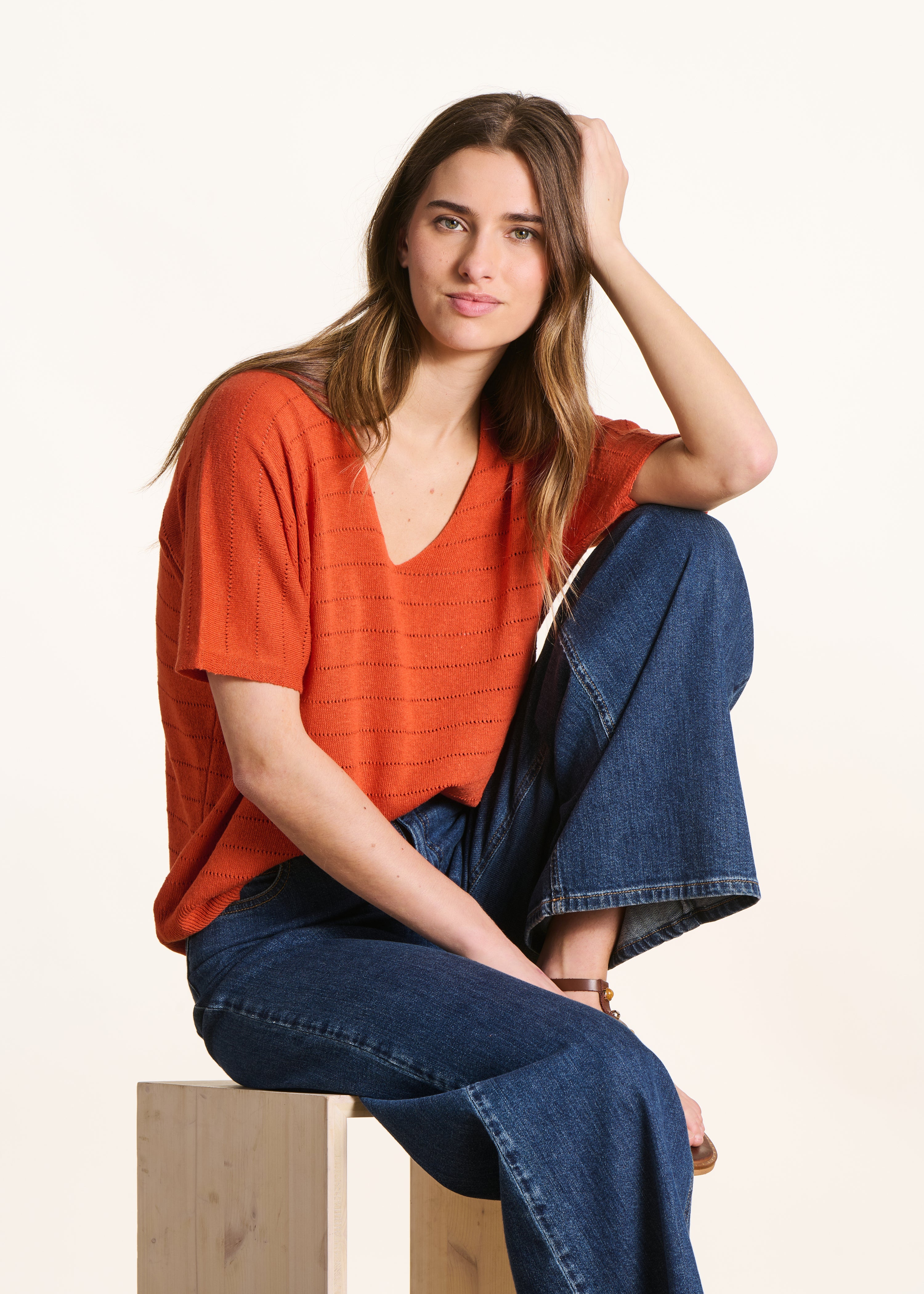 Oversize-Pullover Orange mit Lochmuster und kurzen Ärmeln