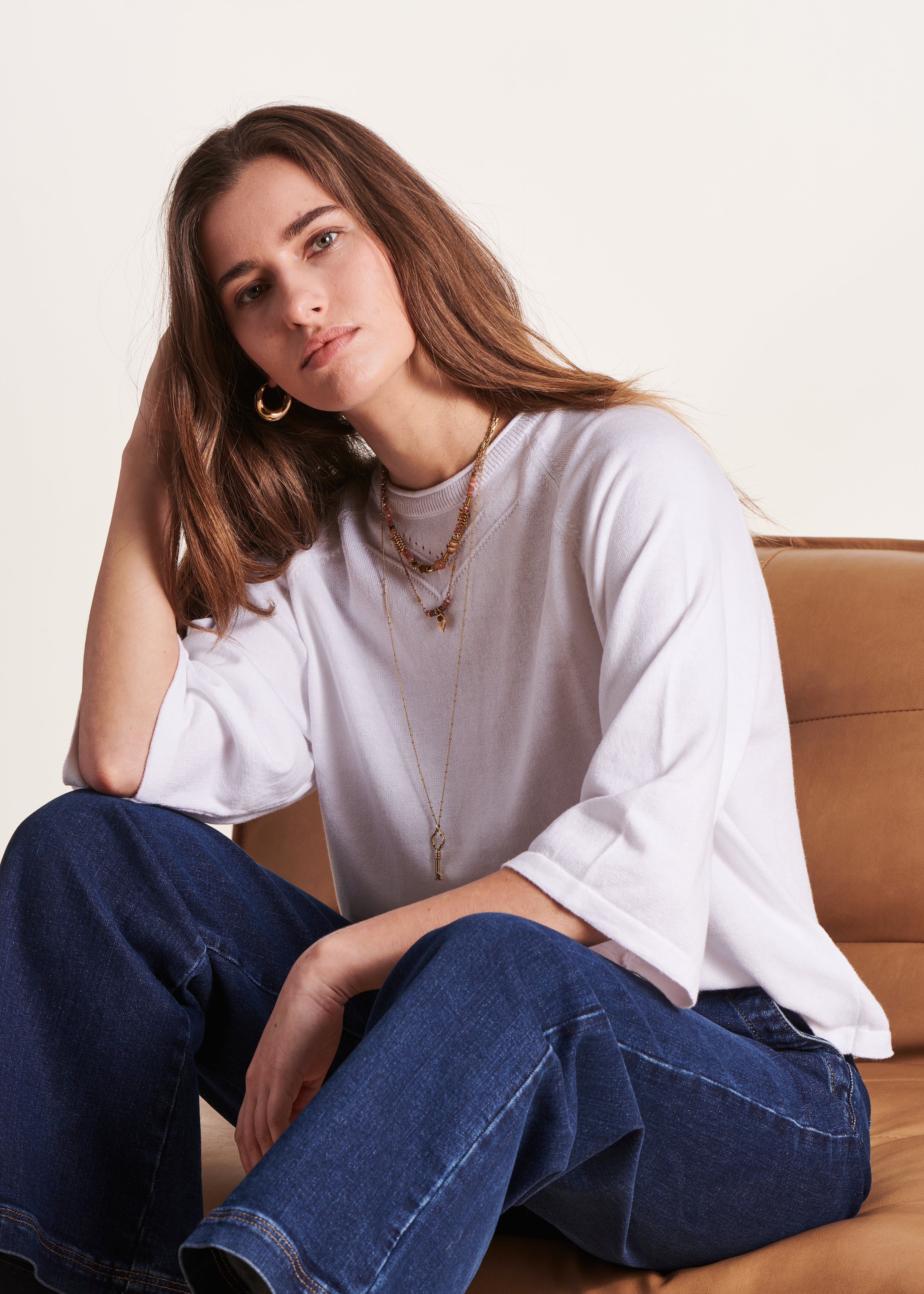 Camisola branco de grandes dimensões com mangas 3/4