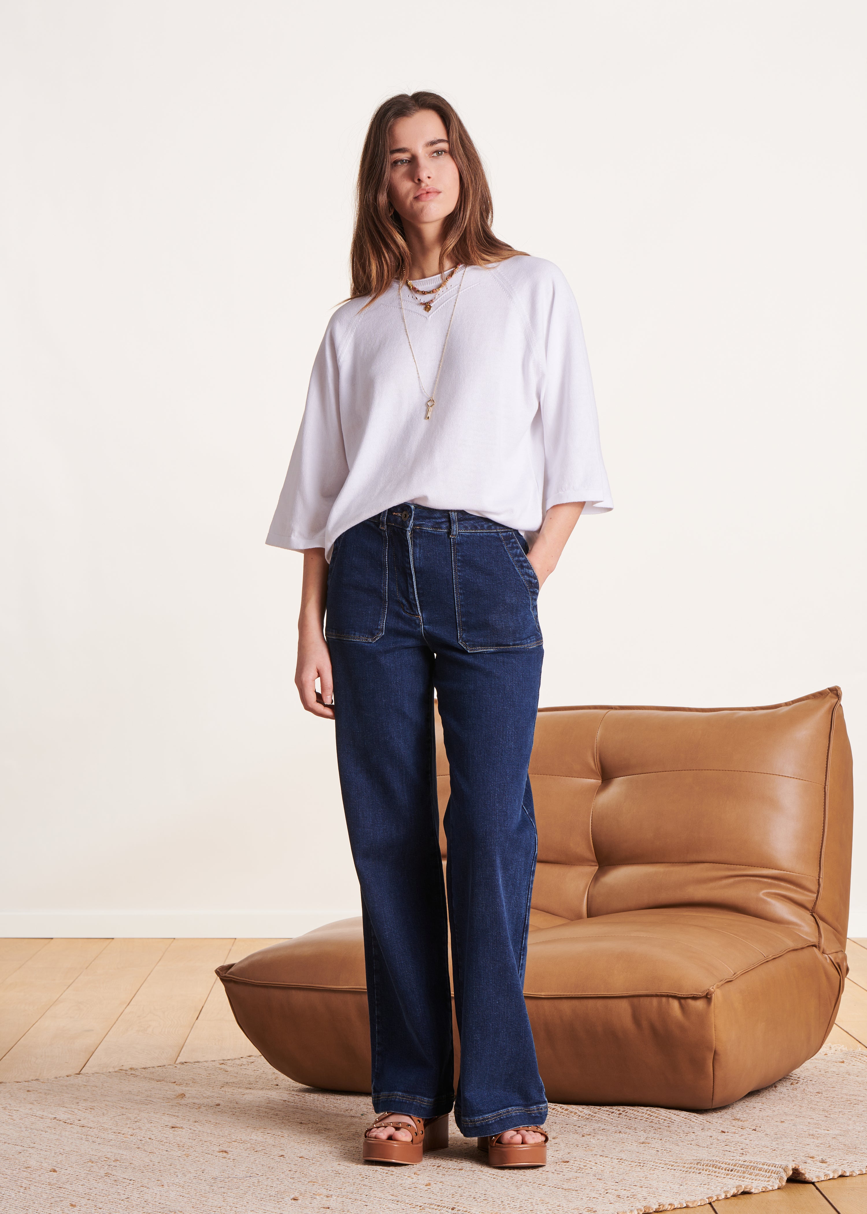weiß Oversize-Pullover mit 3/4-Ärmeln