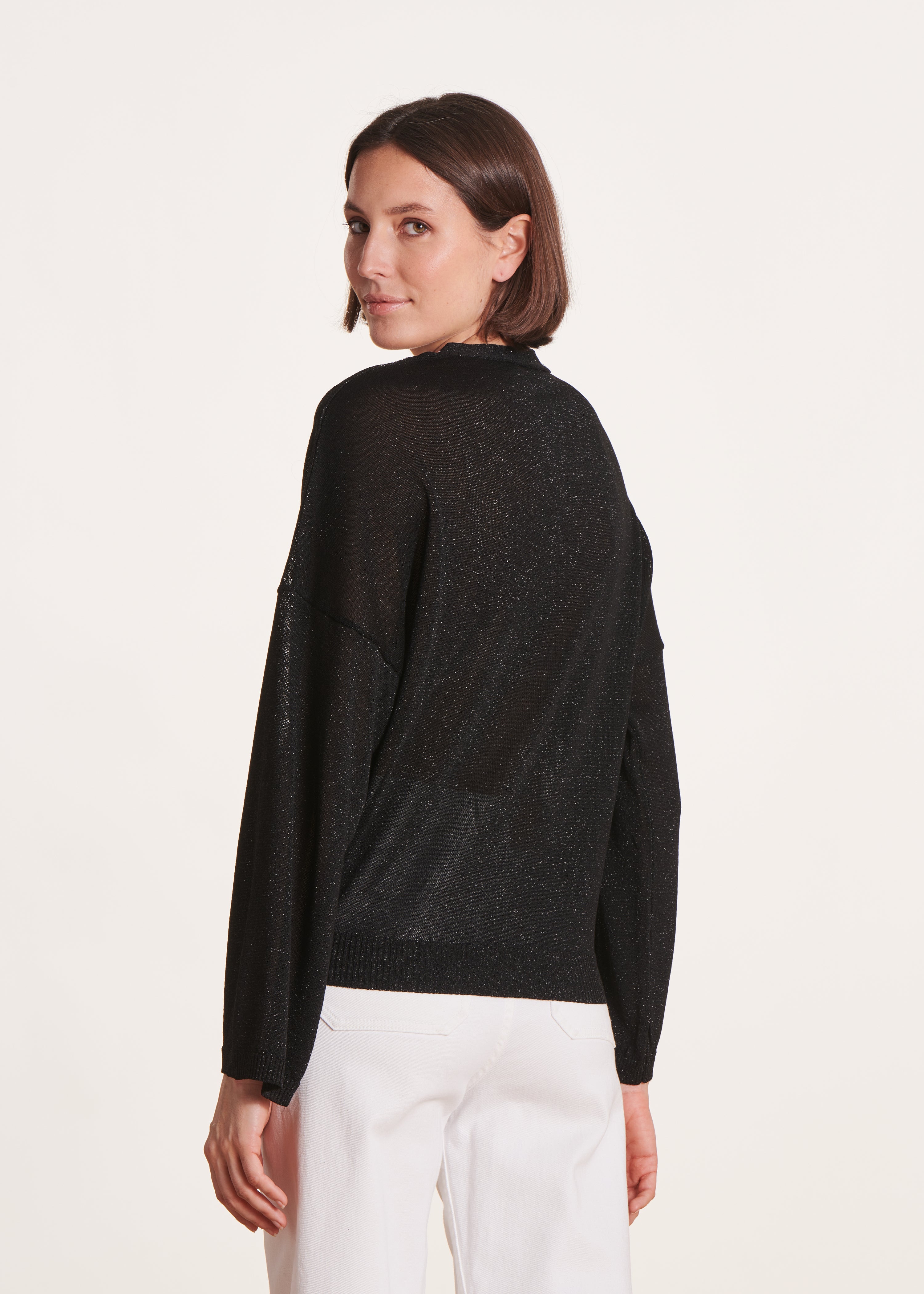 Einfarbiger schwarz Oversize-Pullover mit V-Ausschnitt aus irisierender Maschenware