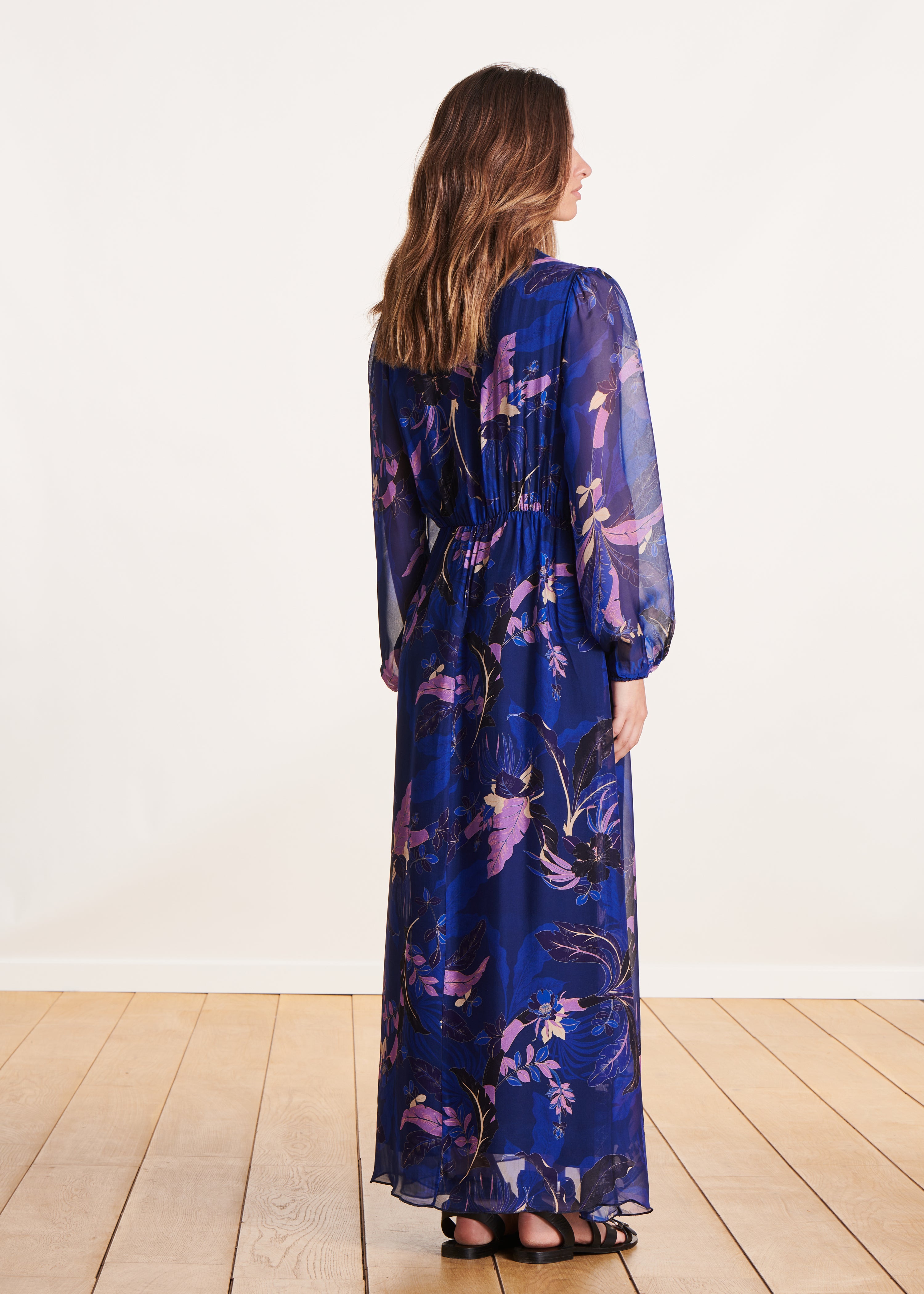 Robe longue en voile viscose/soie bleu à imprimé