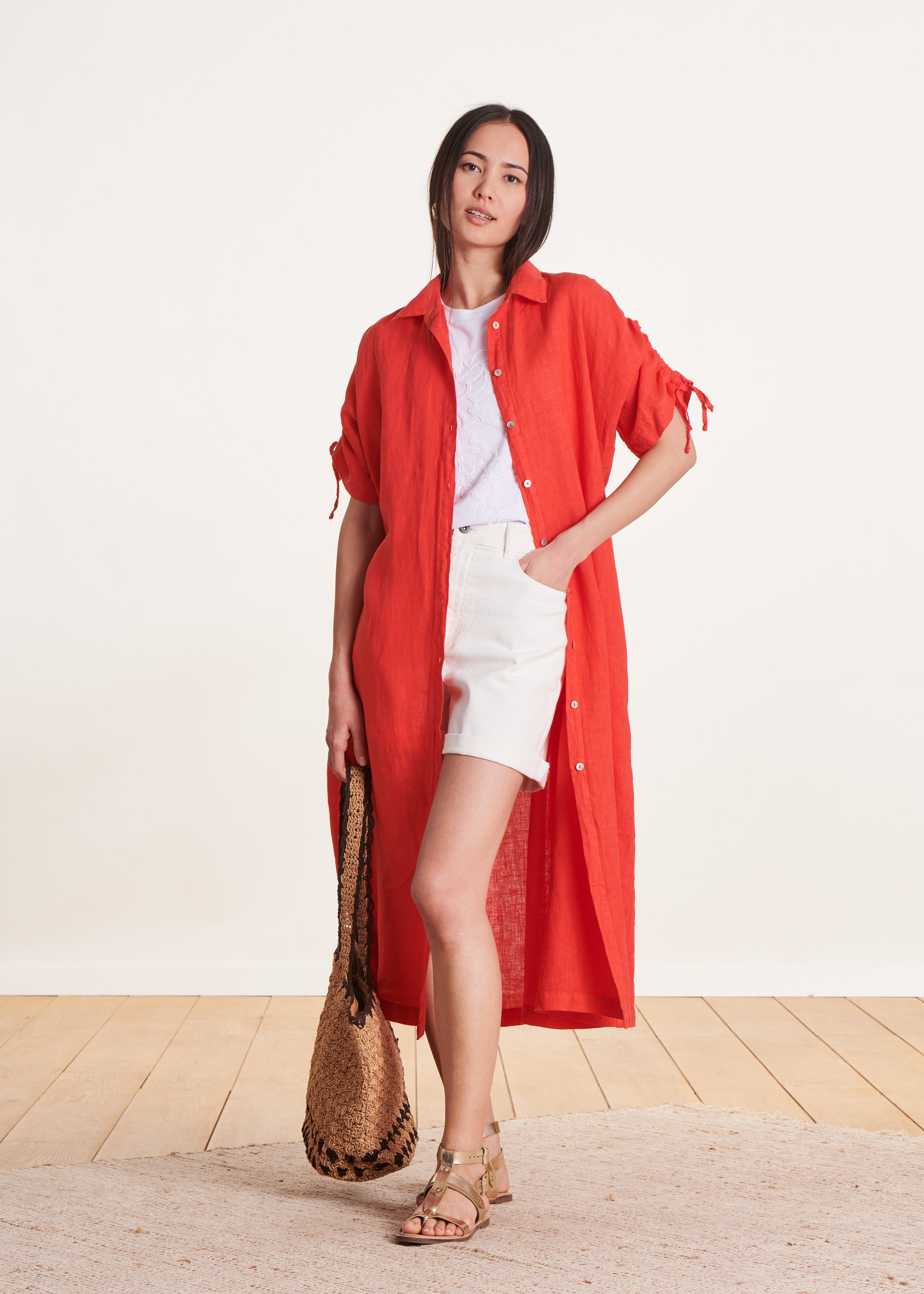 Robe chemise mi-longue oversize orange en lin