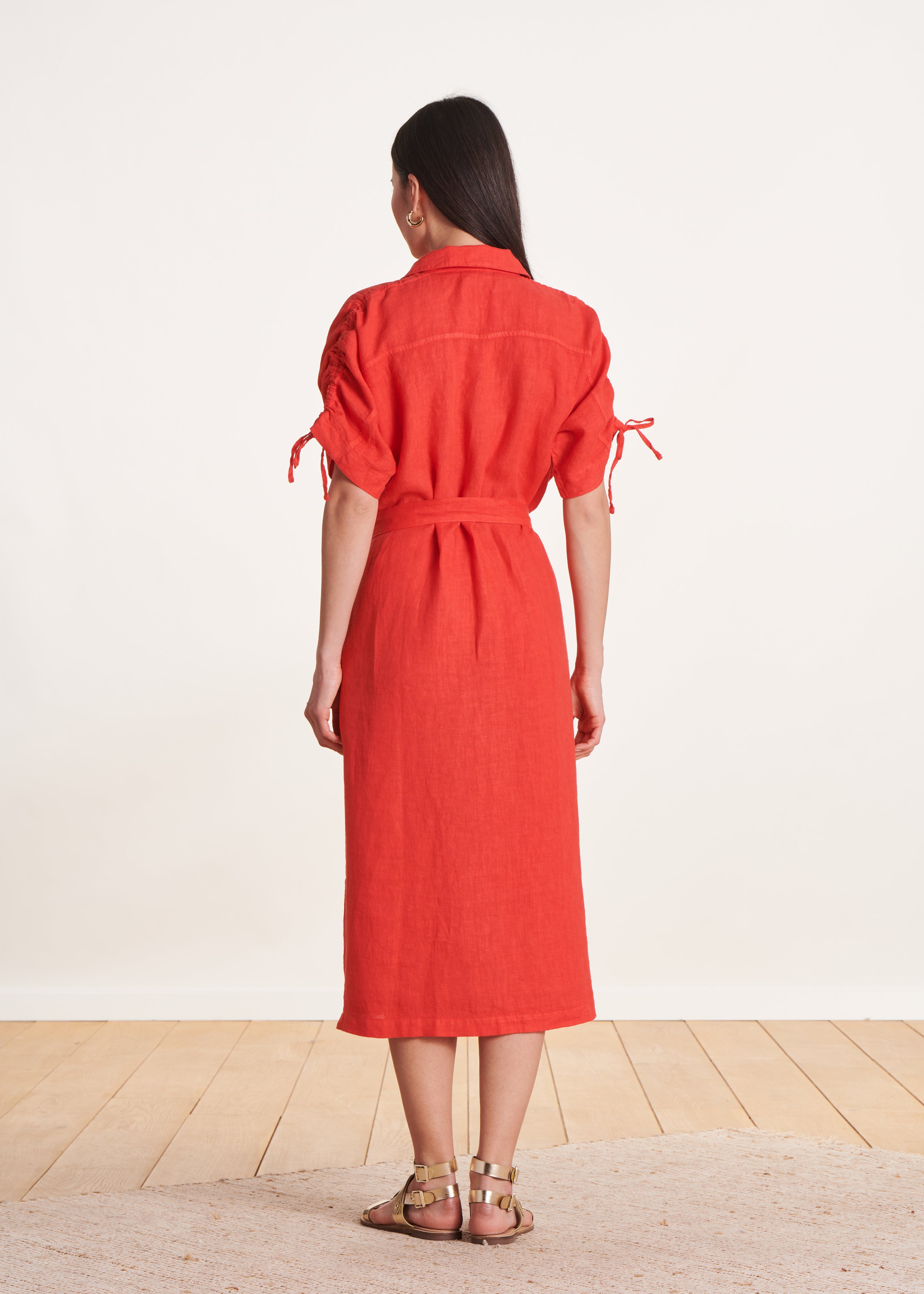 Robe chemise mi-longue oversize orange en lin