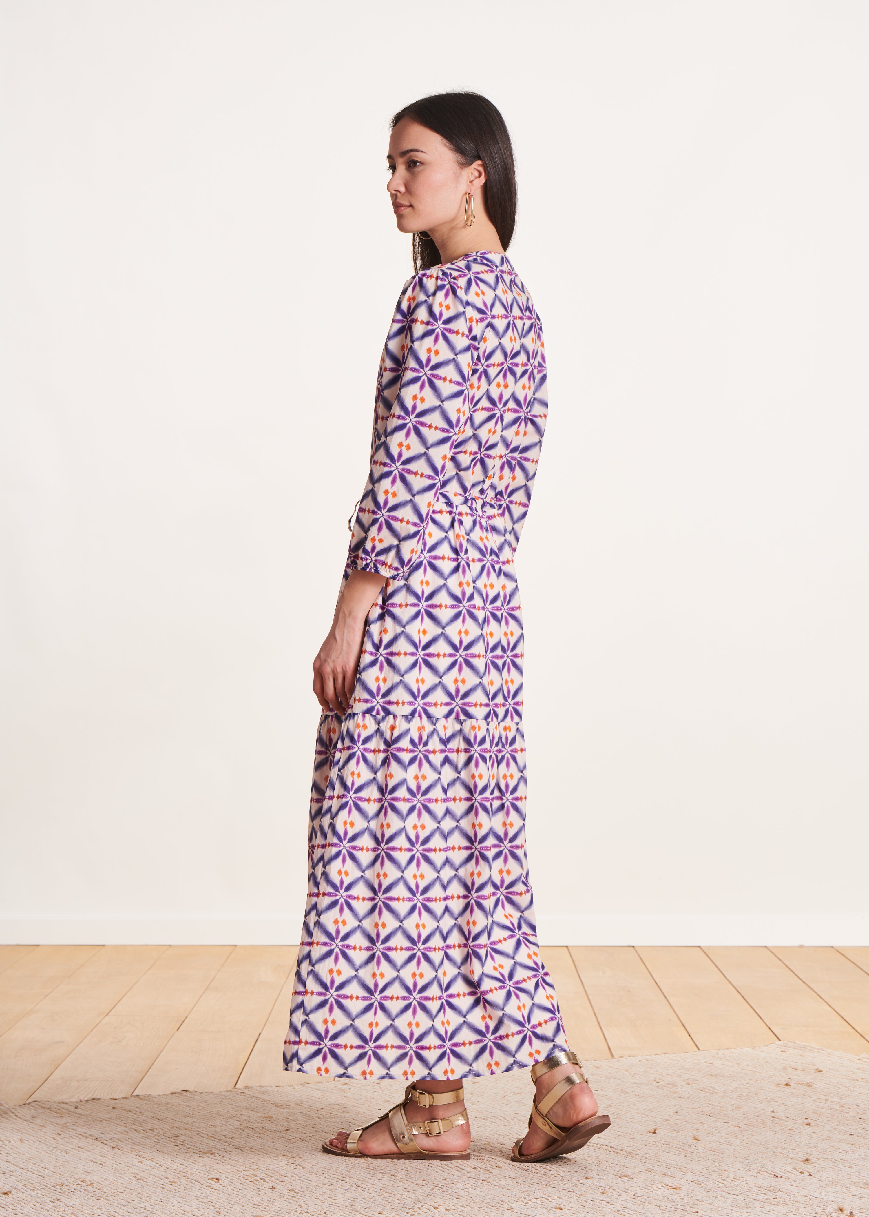 Robe longue en voile de coton à imprimé violet