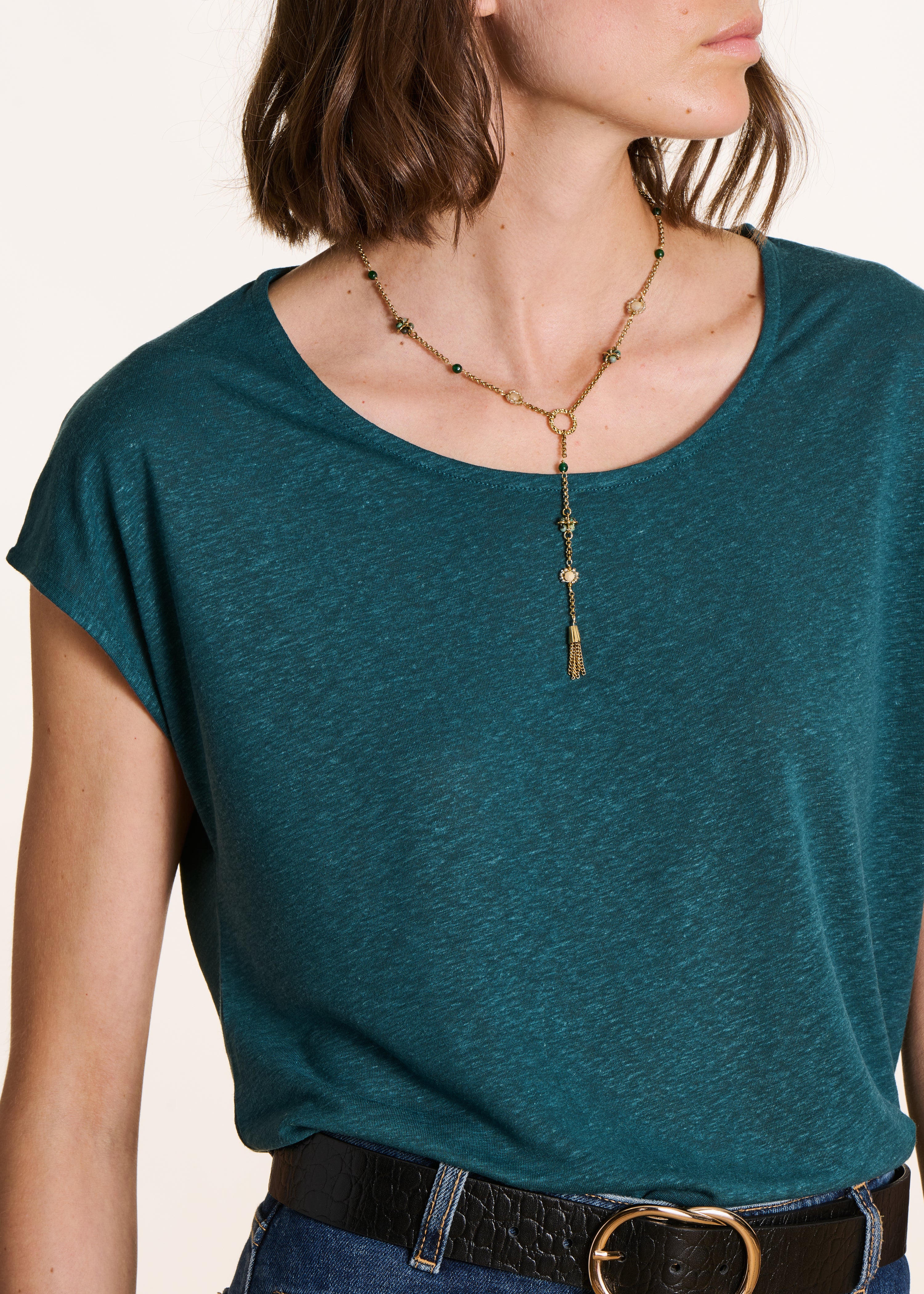 Straight petrol blue T-shirt in lyocell and linen with a round neckline