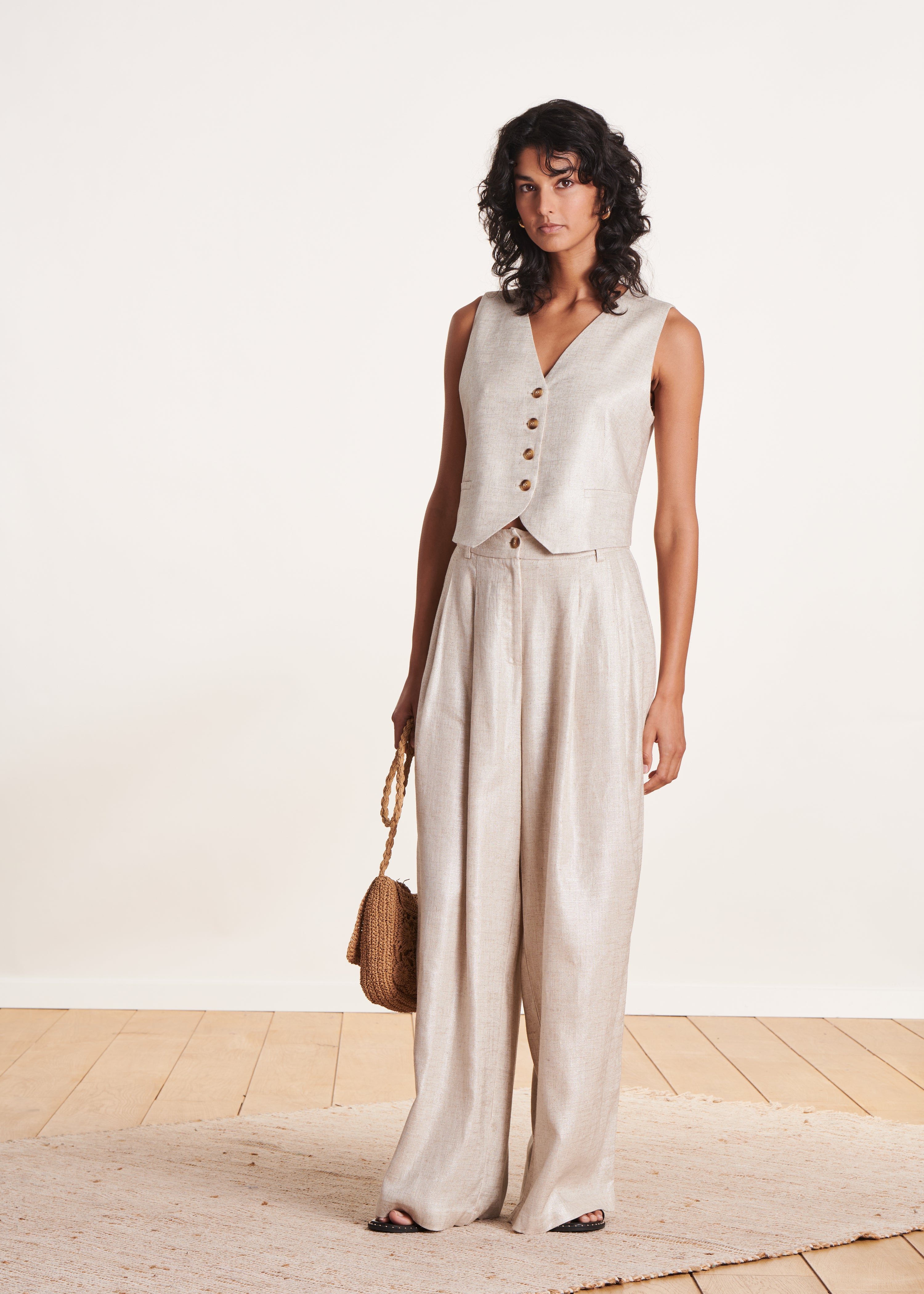 Veste sans manches beige irisé en lin foiled