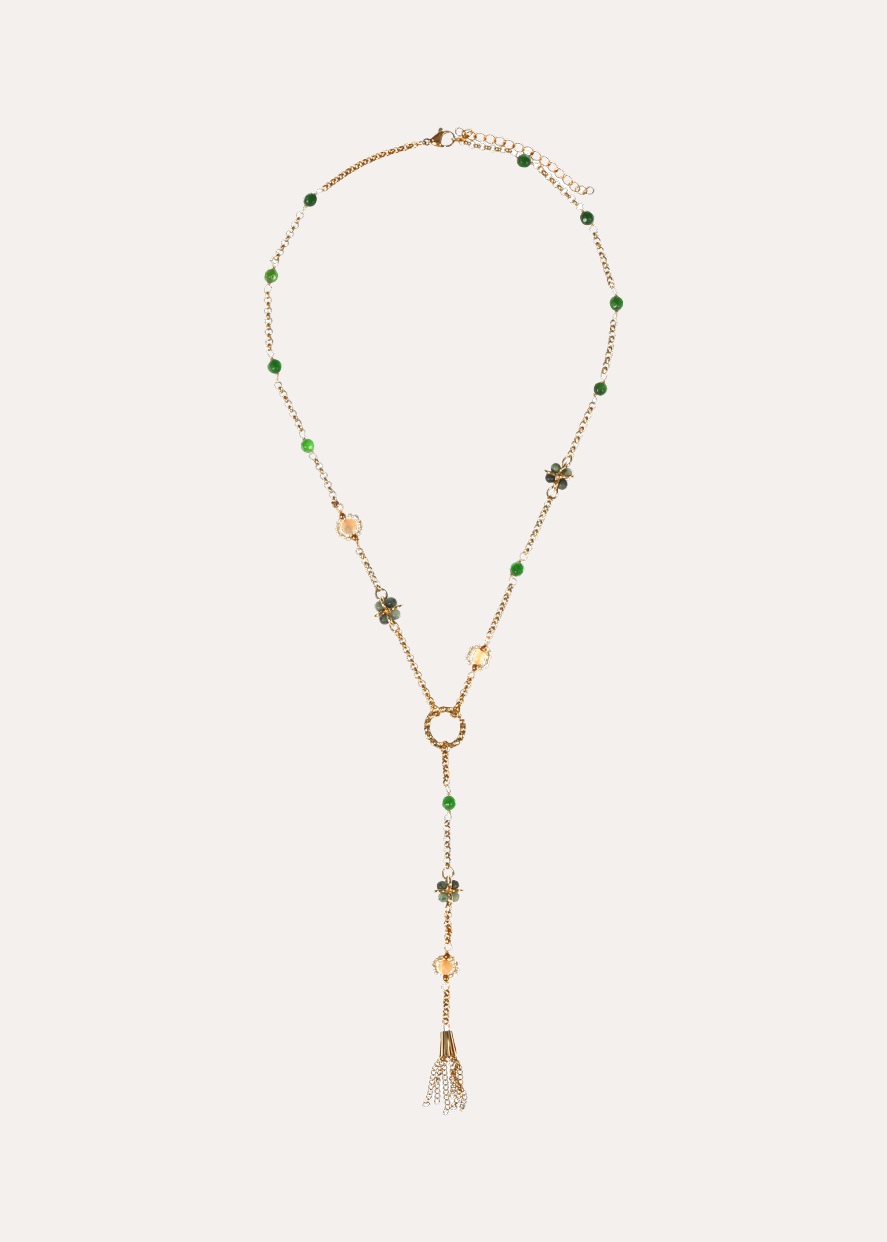 Golden necklace with natural aqua green stones