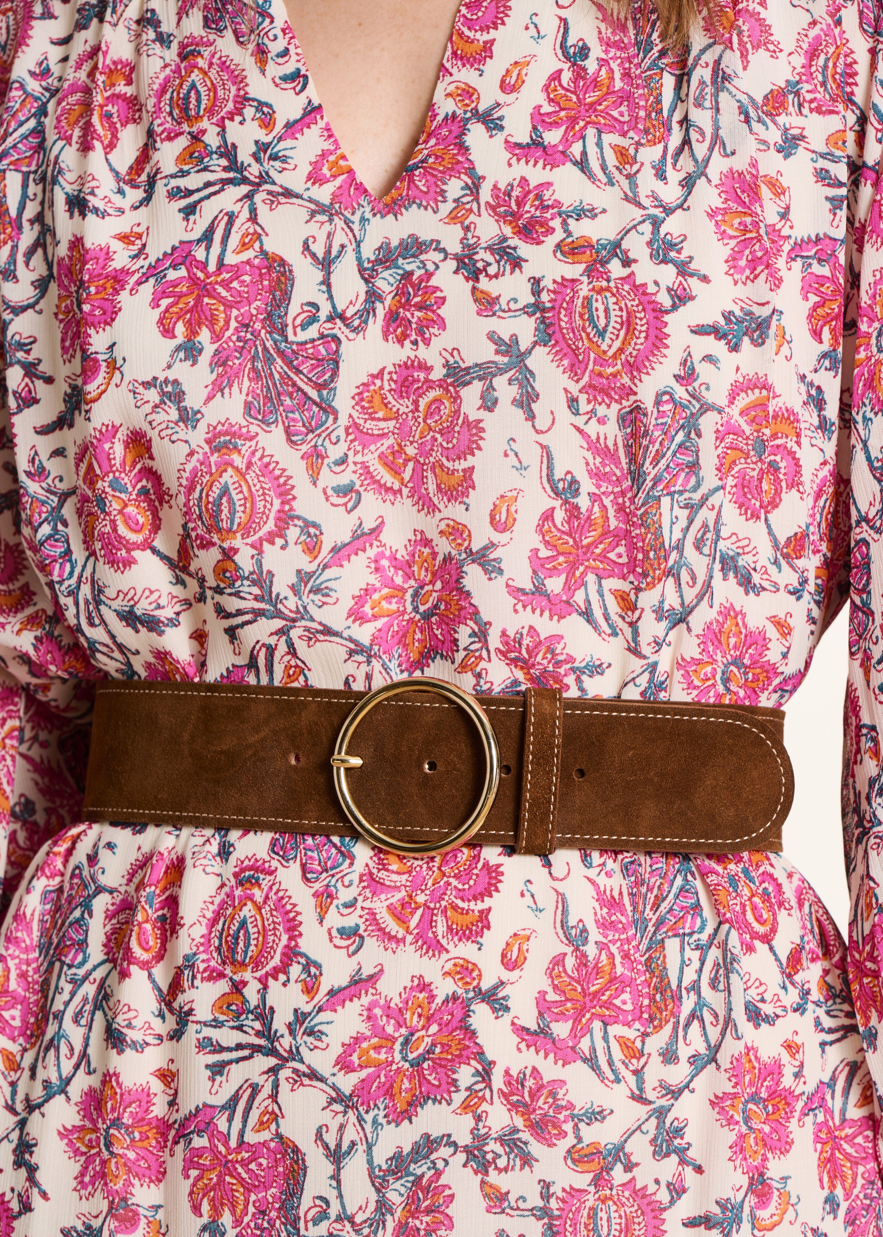 Ceinture en croûte de cuir marron avec surpiqûres