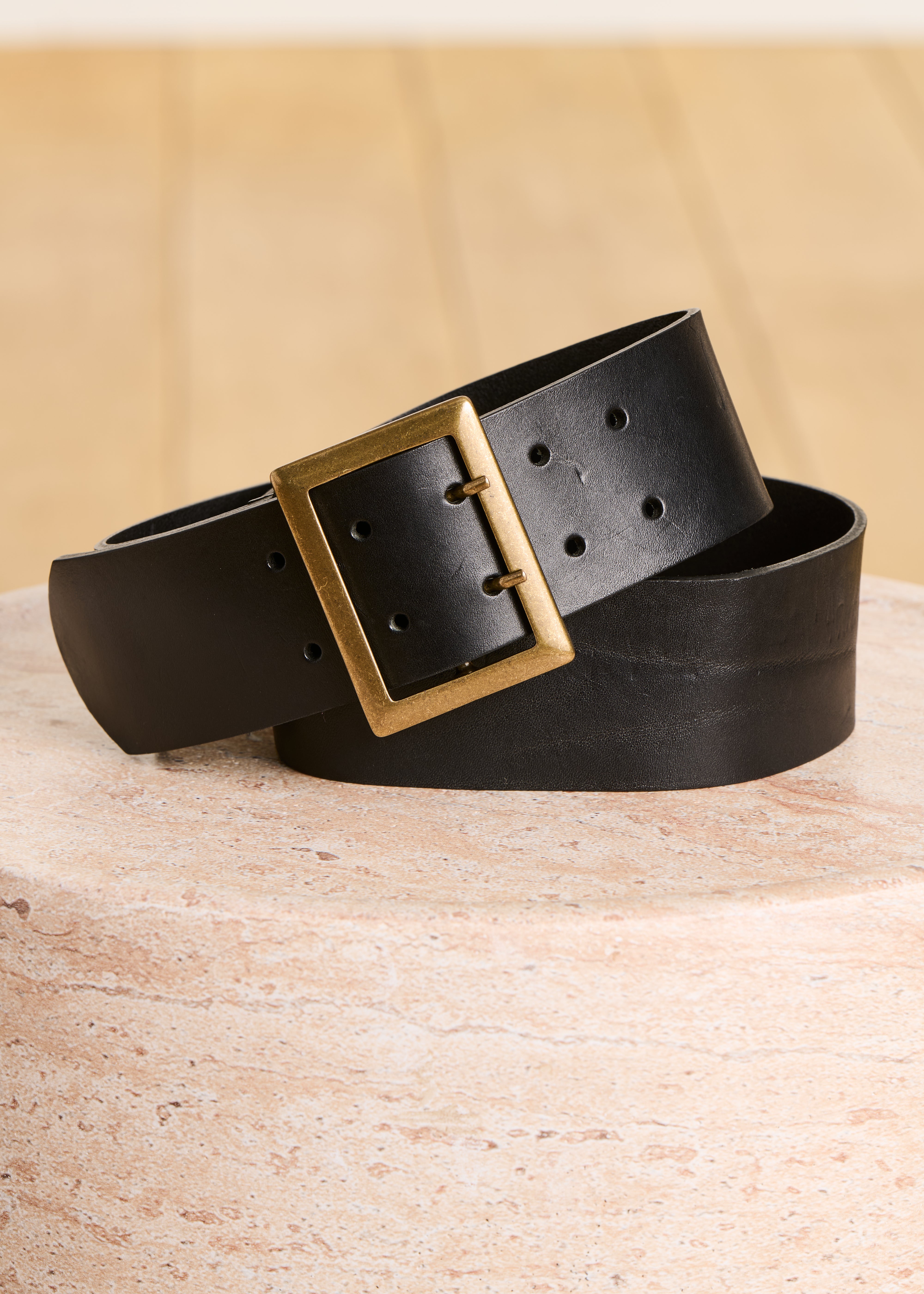 Wide black leather belt with rectangular buckle