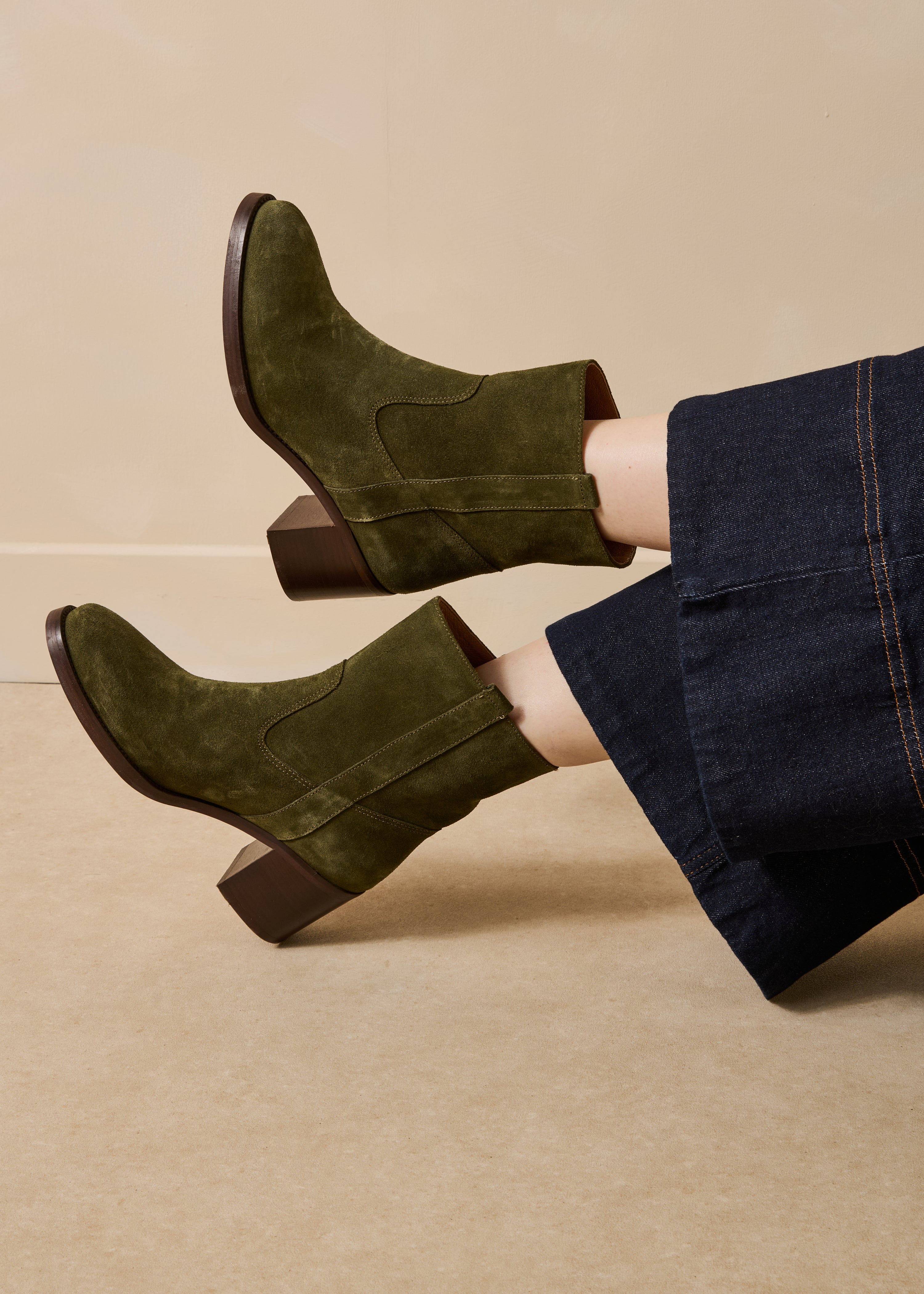 Kaki Suede Leather Heeled Ankle Boots