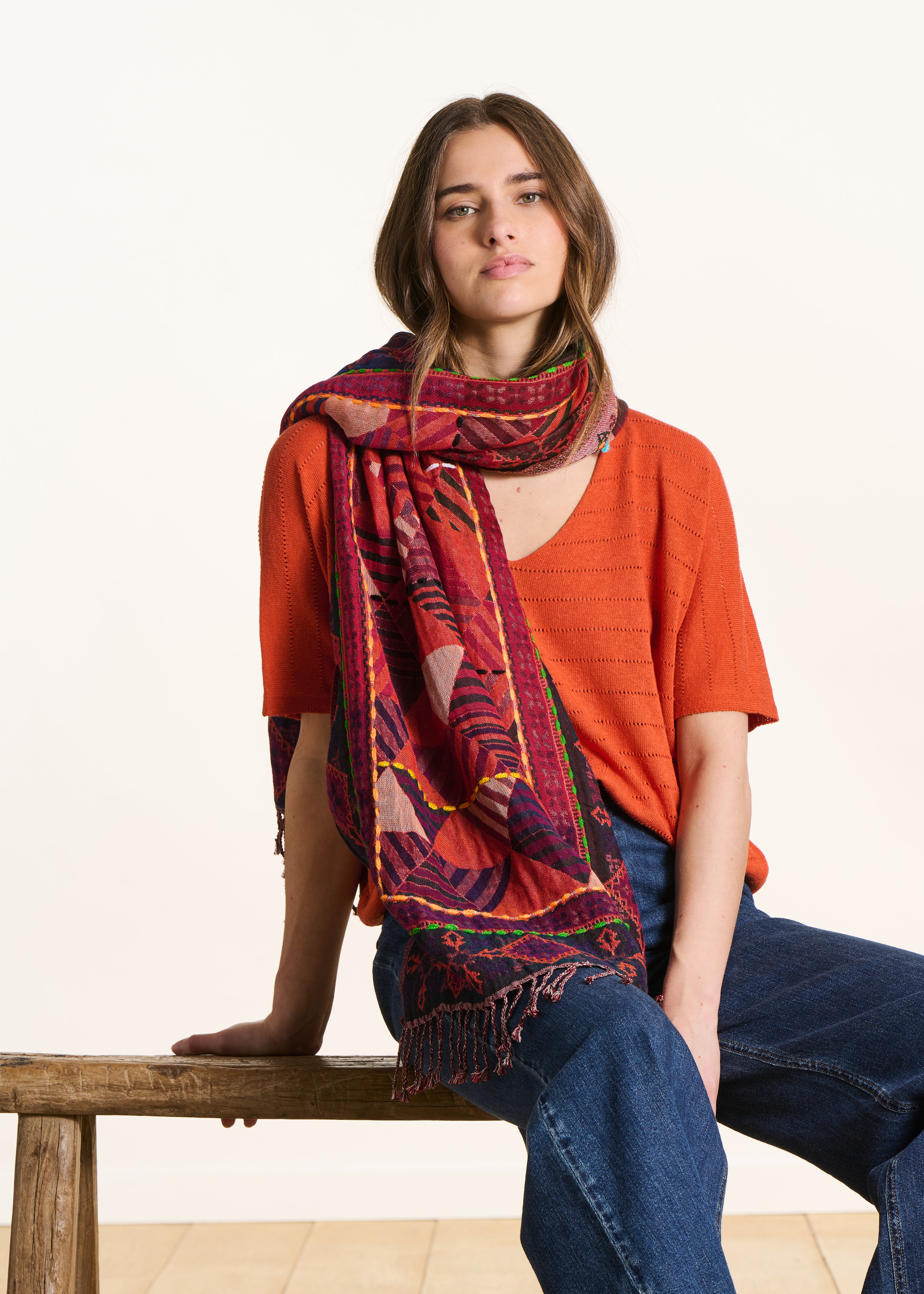 Red cotton and wool scarf with embroidery