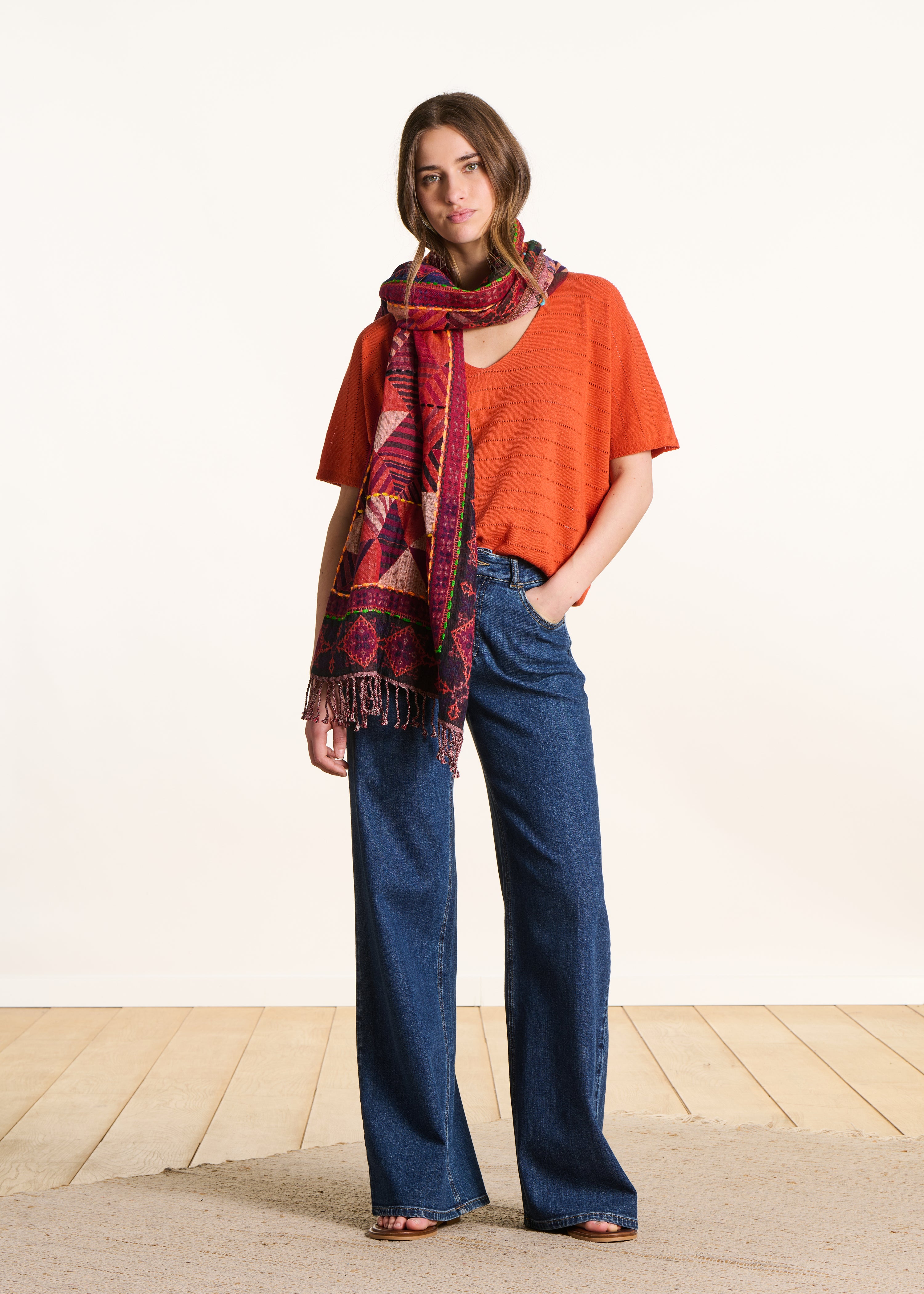 Red cotton and wool scarf with embroidery