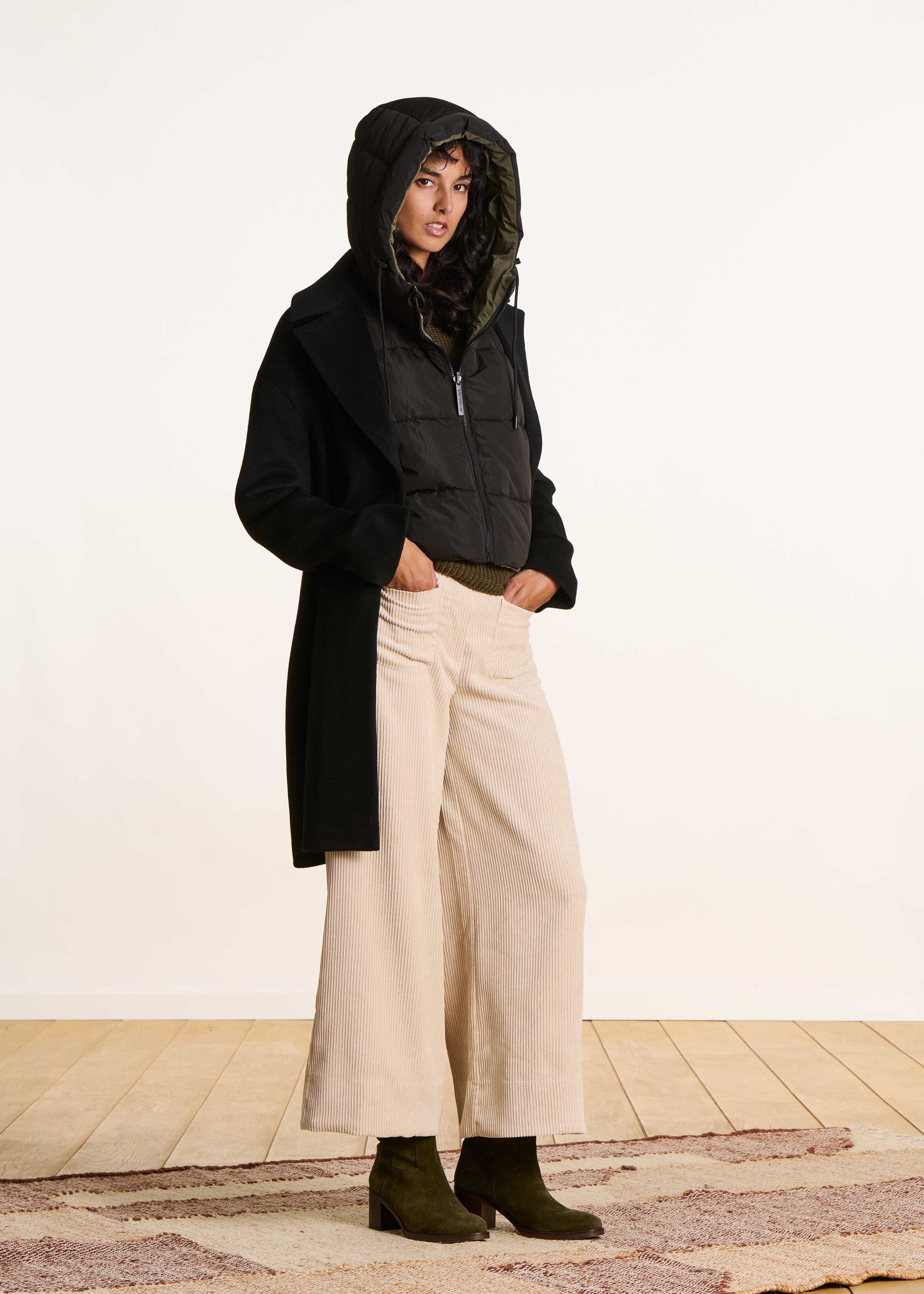 Reversible black and khaki hooded jacket