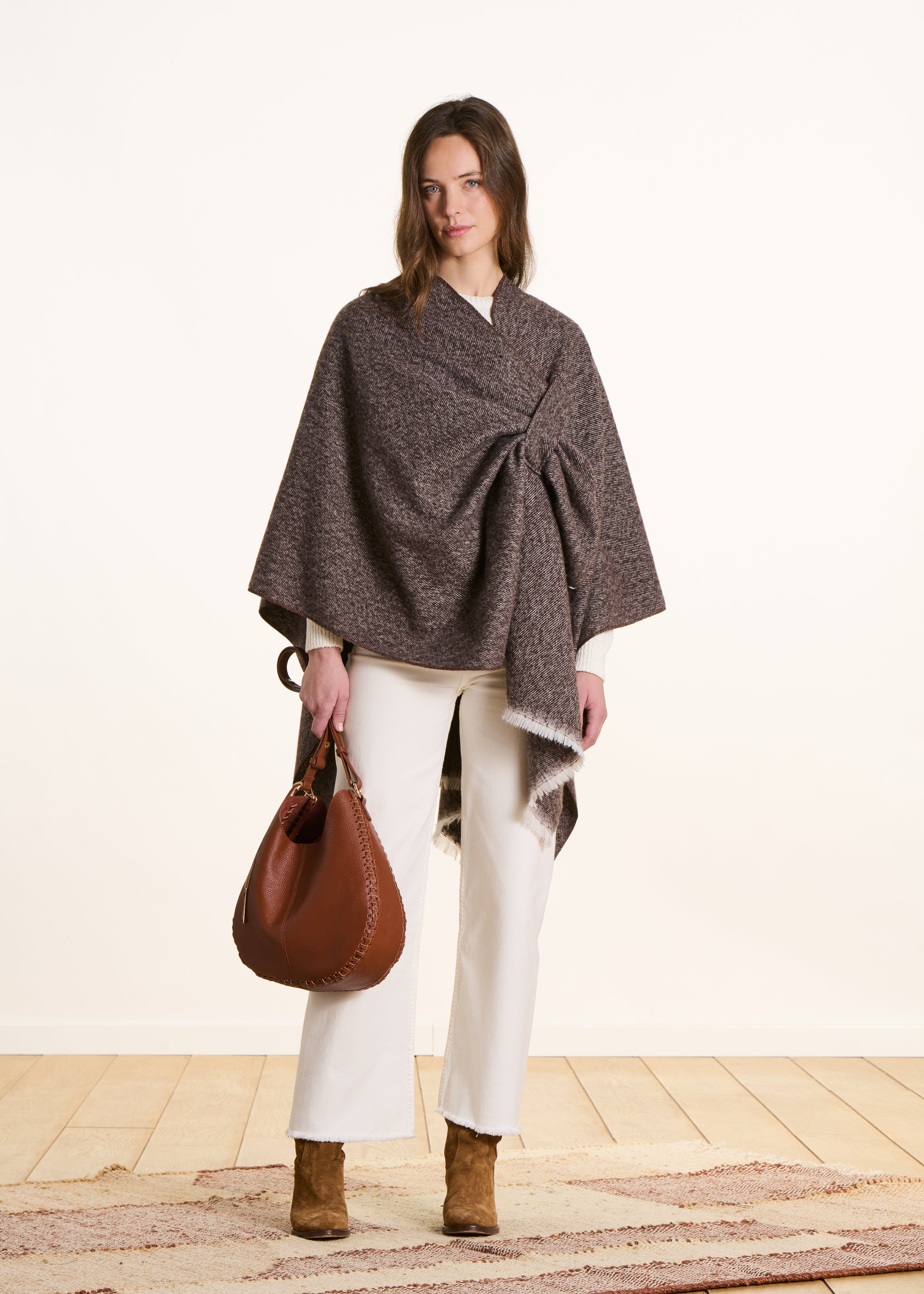 Taupe fringed poncho