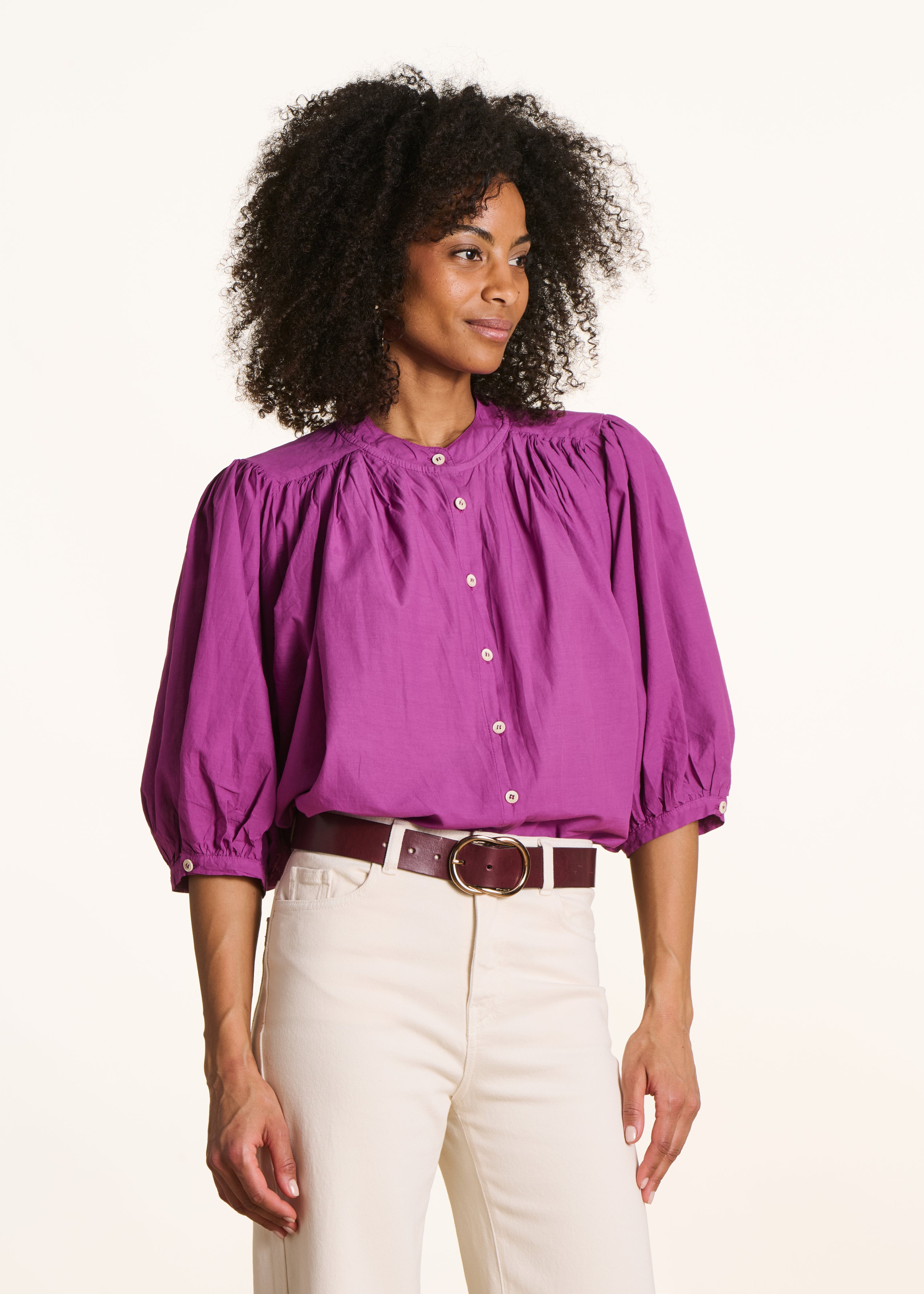 Solid fuchsia pink blouse in cotton with 3/4 sleeves