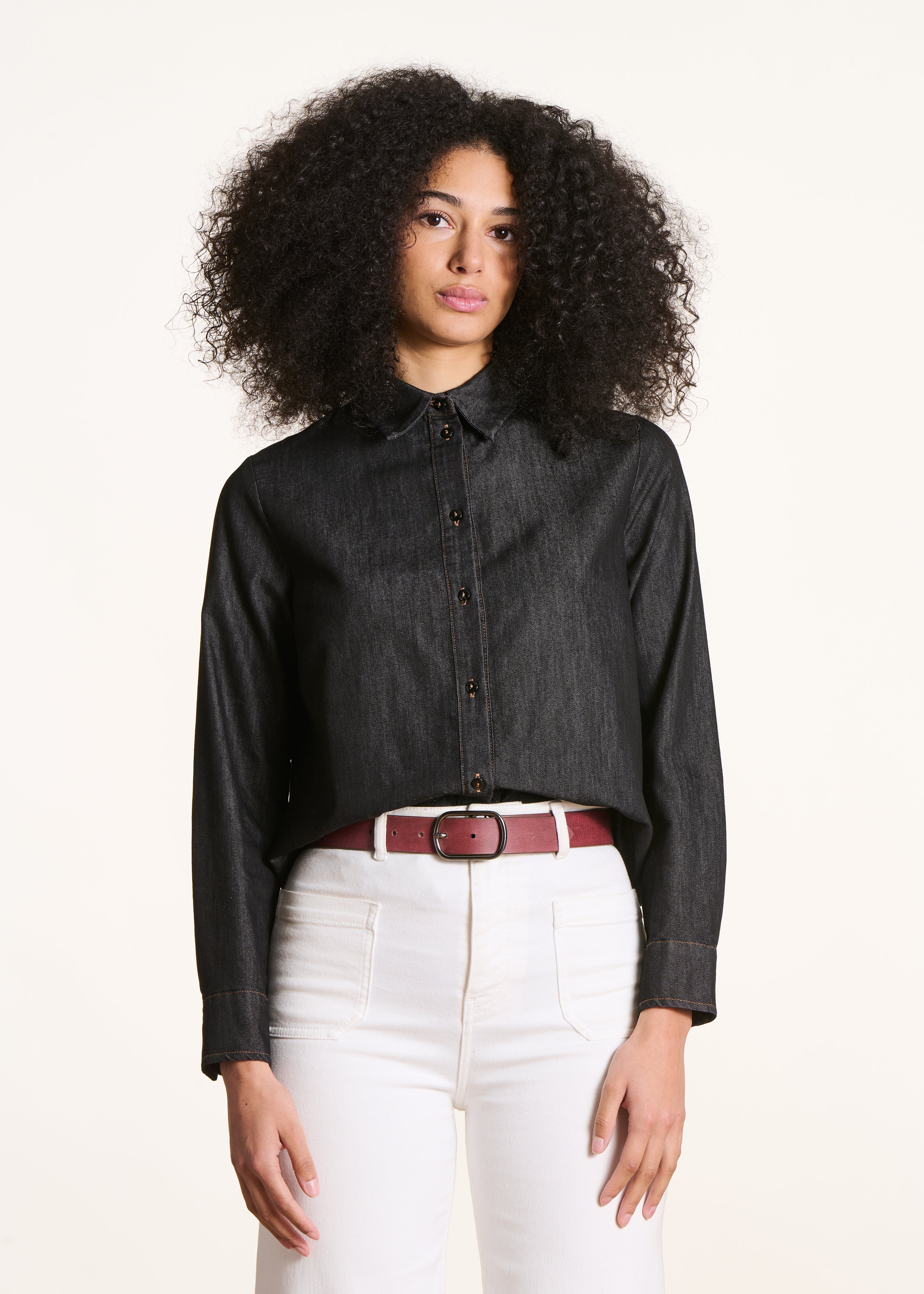 Black denim shirt with pleated back