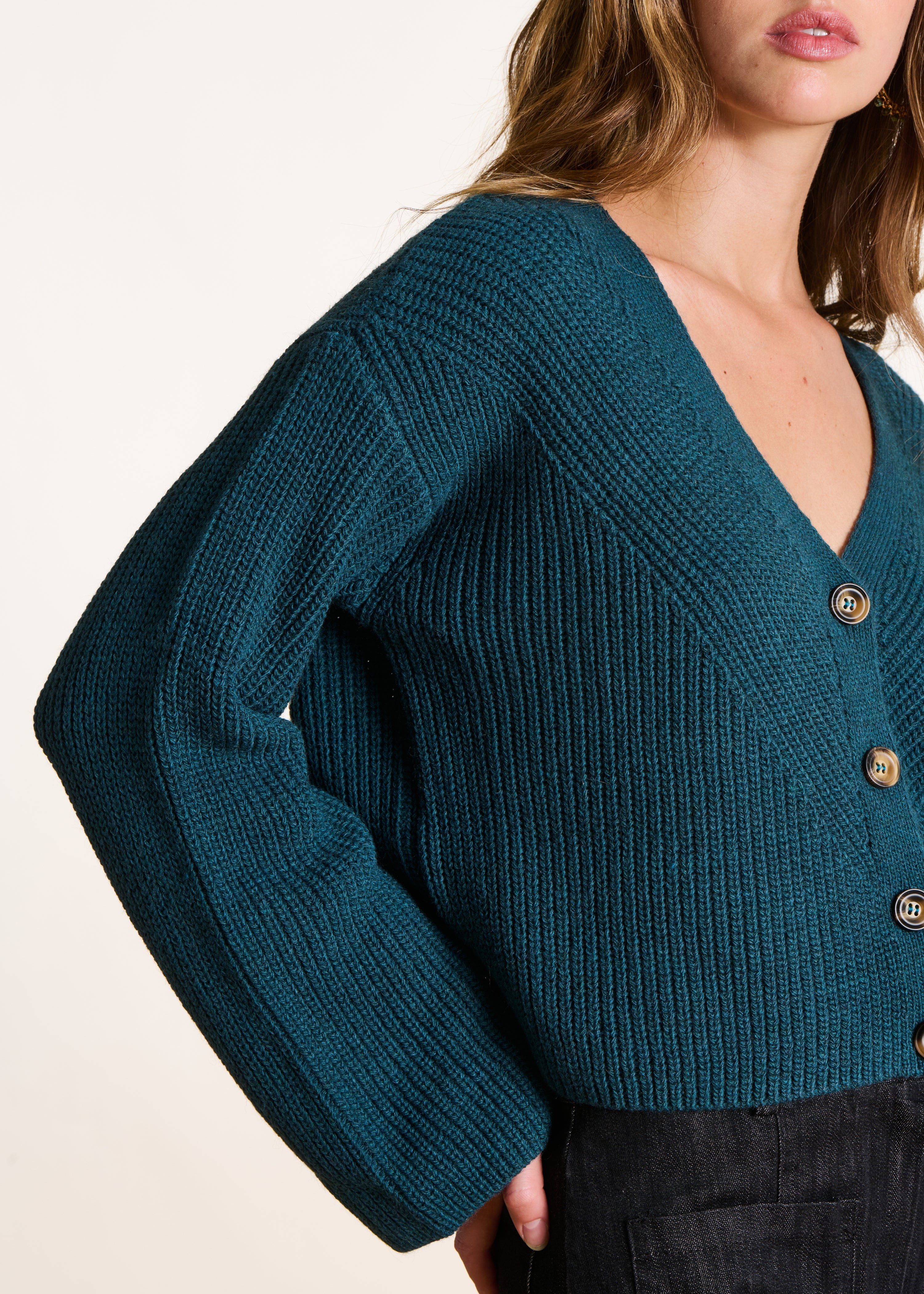 Short petrol blue cardigan in beaded ribbing